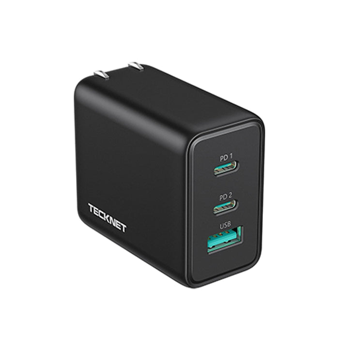 TECKNET 65W PD 3.0 GaN Wall Charger, 3-Port Foldable Travel Adapter