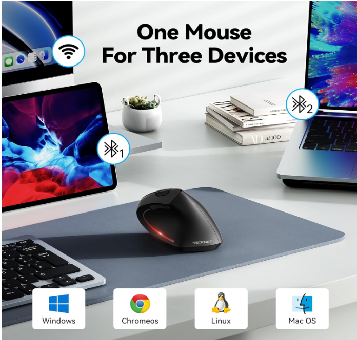 TECKNET Ergonomic Mouse, Wireless Bluetooth Vertical Mouse, 4800 DPI Optical Tracking, 6 Adjustable DPI, Quiet Clicks, 2.4GHz with USB A Receiver, 12 Months Battery, 6 Buttons, Wide Compatibility