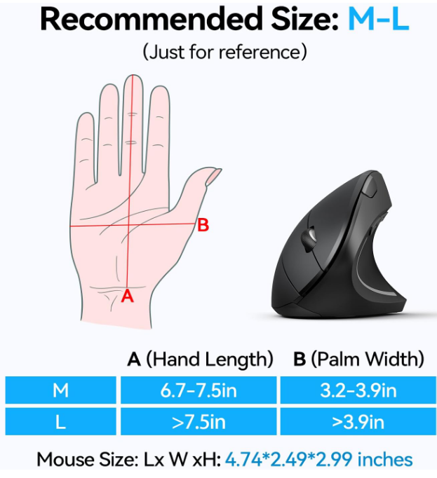 TECKNET Ergonomic Mouse, Wireless Bluetooth Vertical Mouse, 4800 DPI Optical Tracking, 6 Adjustable DPI, Quiet Clicks, 2.4GHz with USB A Receiver, 12 Months Battery, 6 Buttons, Wide Compatibility