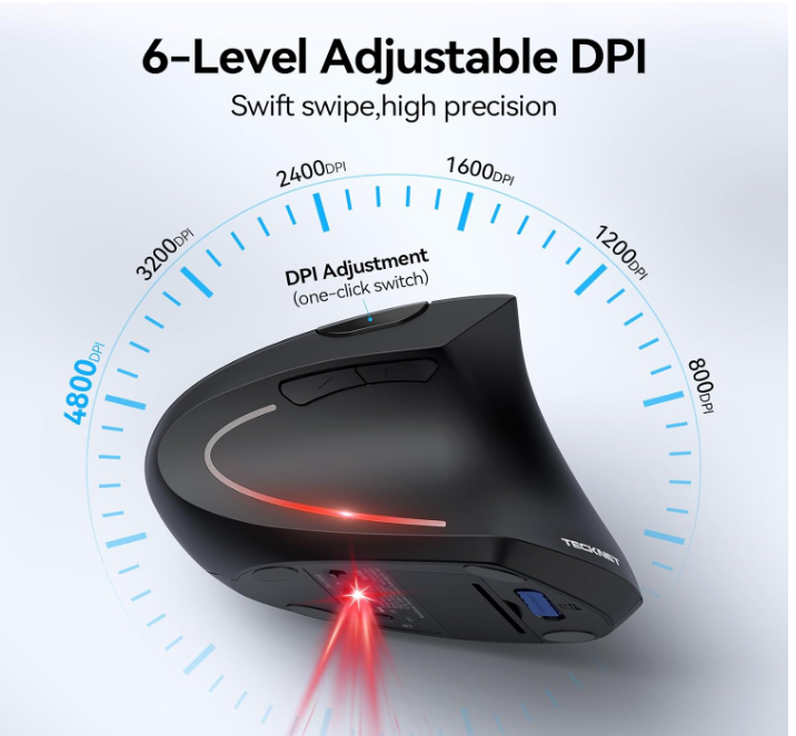 TECKNET Ergonomic Mouse, Wireless Bluetooth Vertical Mouse, 4800 DPI Optical Tracking, 6 Adjustable DPI, Quiet Clicks, 2.4GHz with USB A Receiver, 12 Months Battery, 6 Buttons, Wide Compatibility