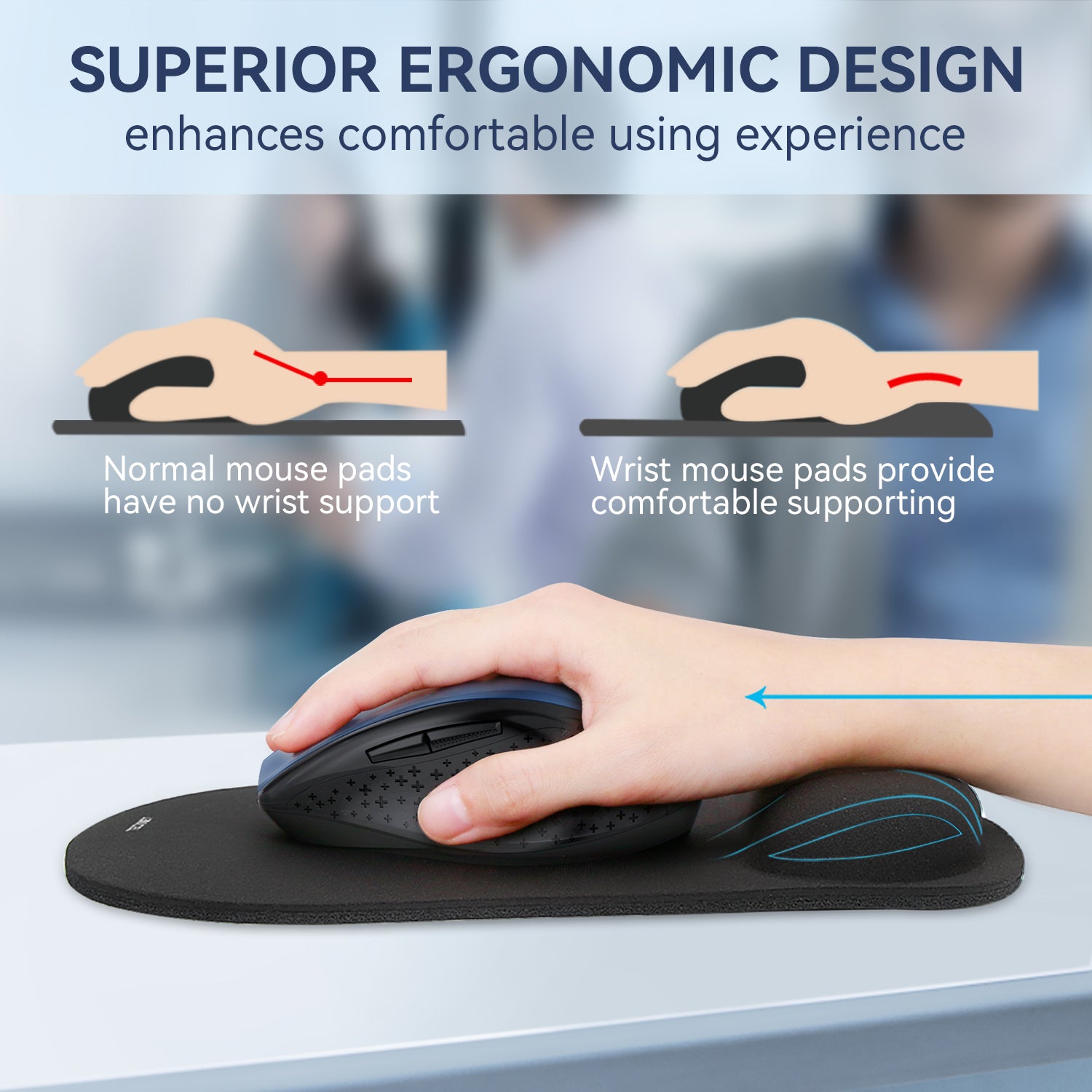 TECKNET BASICS Mouse Pad with Wrist Support, Ergonomic Gaming Mouse Pad for Pain Relief, Non-Slip Waterproof Desk Pad for Office, Study & Laptop, Black