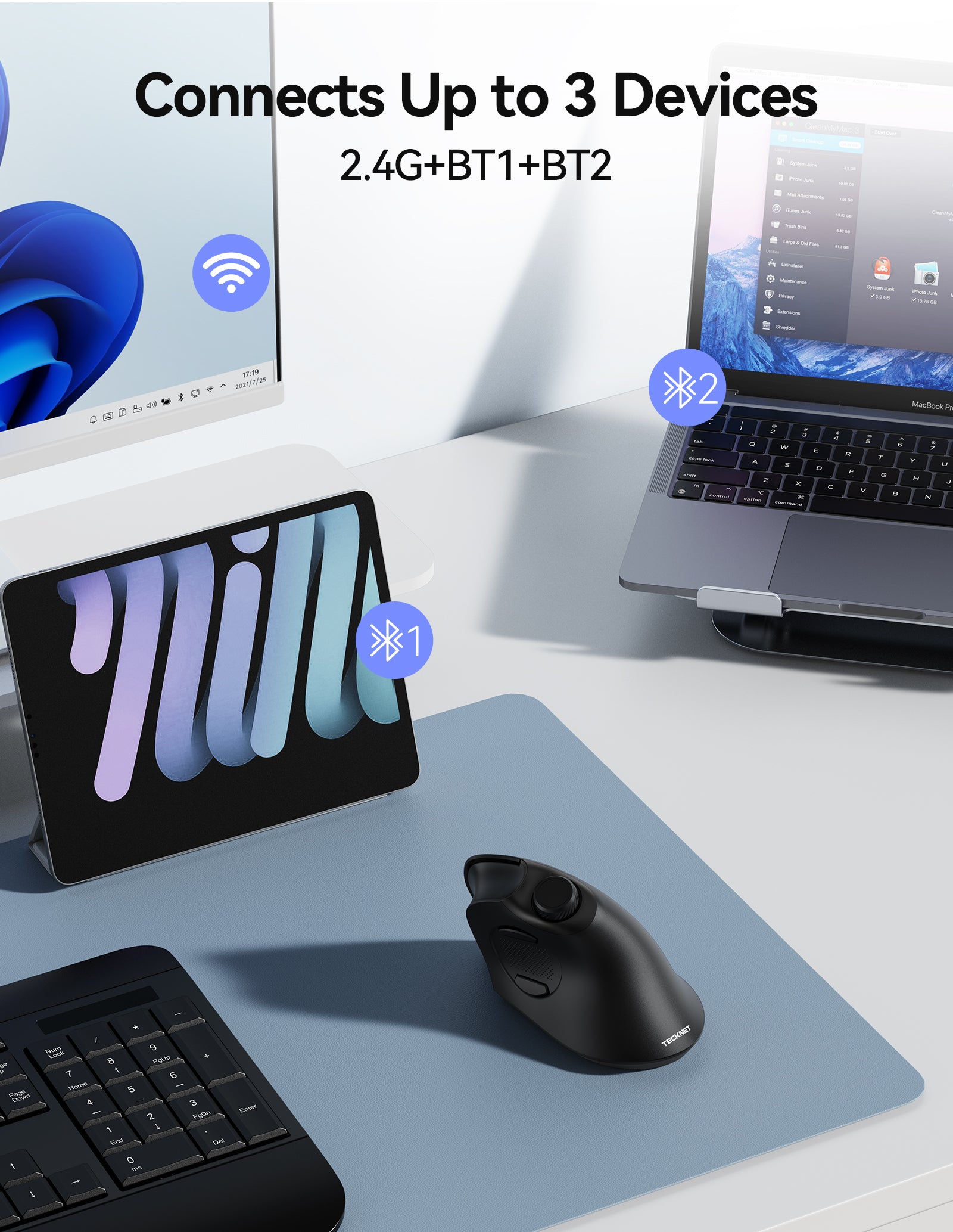 TECKNET Ergonomic Mouse, Rechargeable Wireless Bluetooth Mouse (BT 5.0/5.0+2.4G), Vertical Mouse with Volume Knob, Quiet Clicks, Cordless Mice 6 Adjustable DPI with USB A Receiver, Wide Compatibility