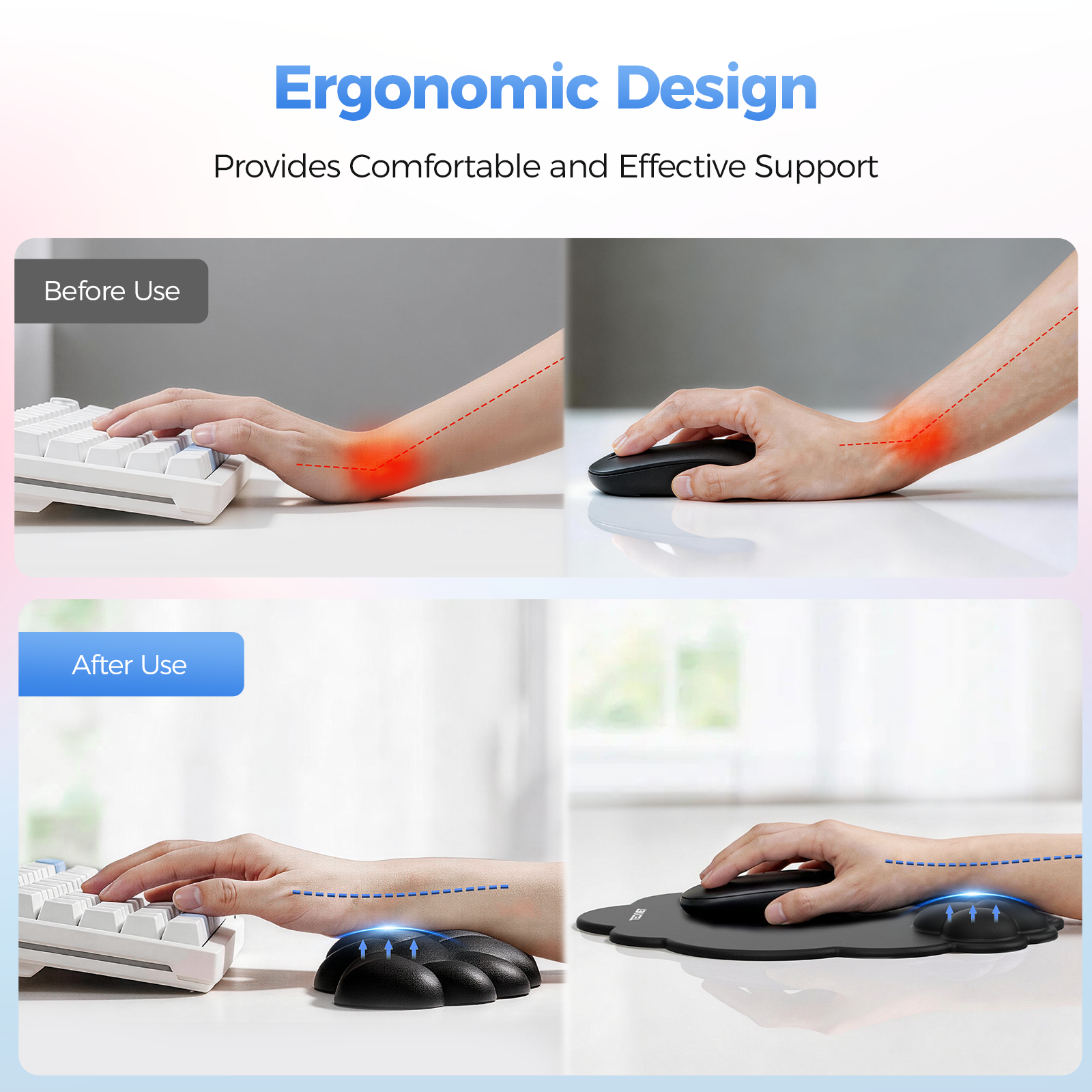 TECKNET BASICS Cloud Ergonomic Mouse Pad with Wrist Rest, Memory Foam Support & Non-Slip Base for Pain Relief, Office & Gaming， Black