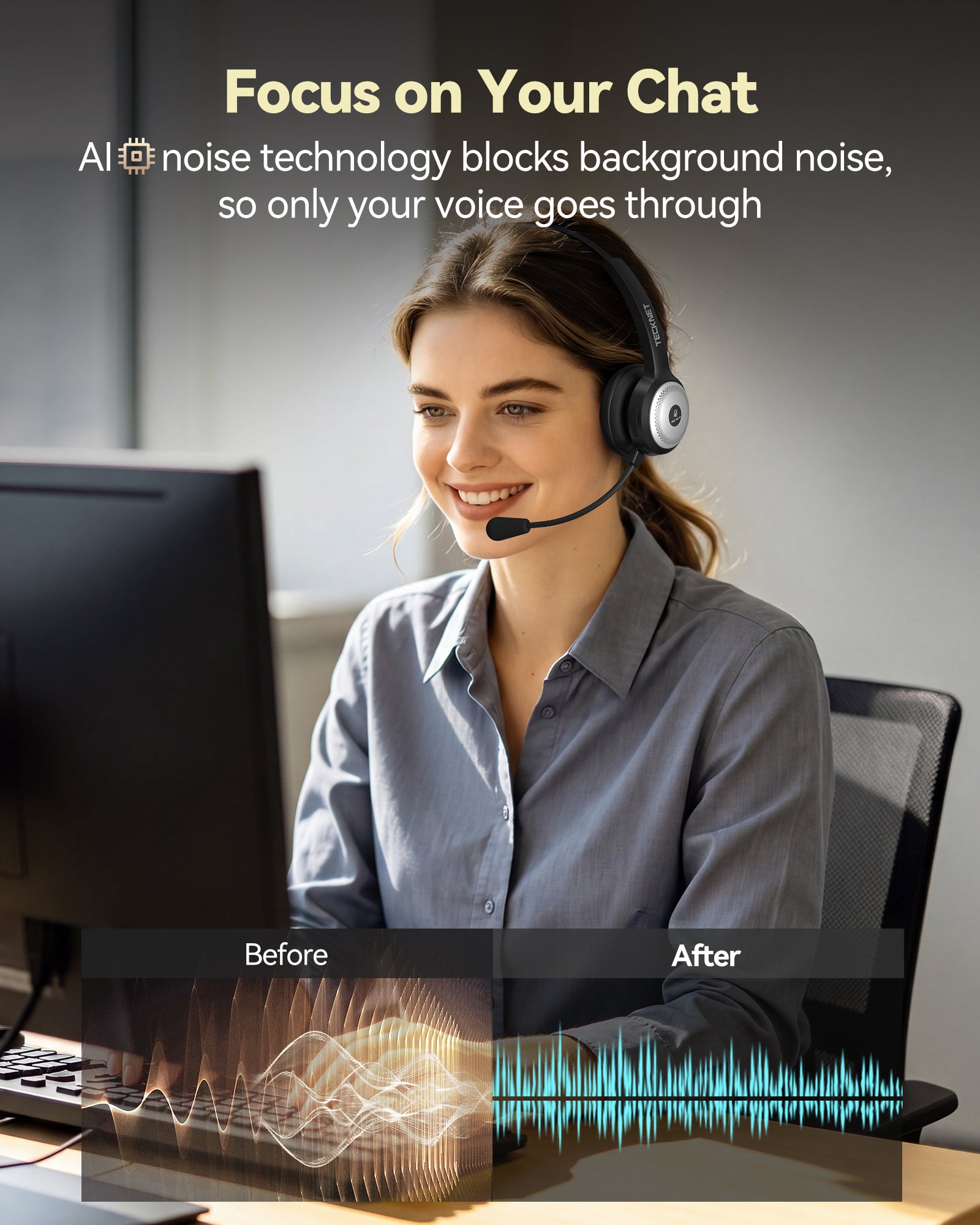 TECKNET Wireless Headset for Work, 40Hrs Worktime AI Noise Cancelling Computer Headphones with Charging Base, Bluetooth Headset with Mic & USB Dongle for PC/Laptop/Call Center