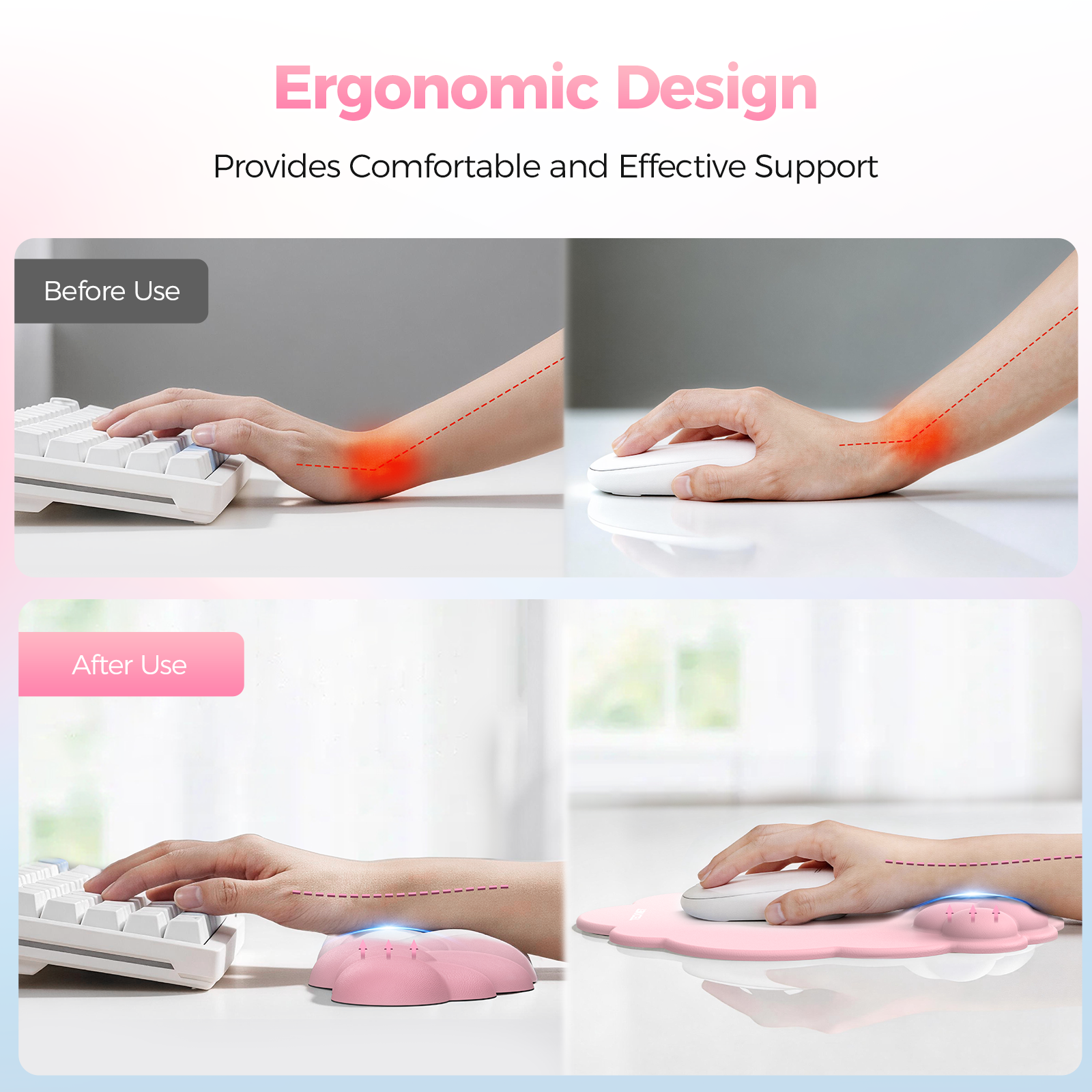 TECKNET BASICS Cloud Ergonomic Mouse Pad with Wrist Rest, Memory Foam Support & Non-Slip Base for Pain Relief, Office & Gaming, Pink