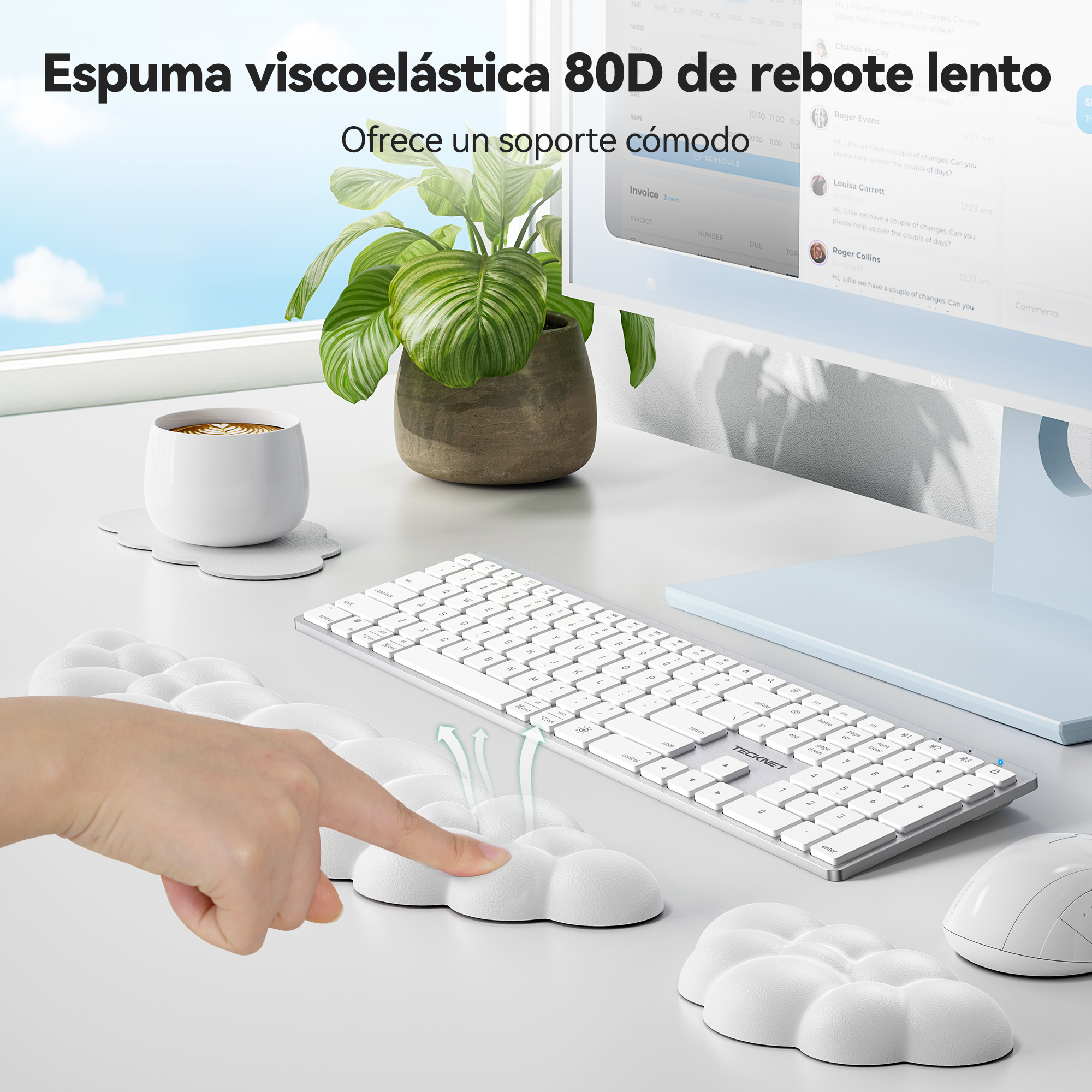 TECKNET BASICS Cloud Keyboard Wrist Rest Set, Non-Slip PU Leather Wrist Pad with Ergonomic Memory Foam, for Laptop/Office/Gaming & Pain Relief, White