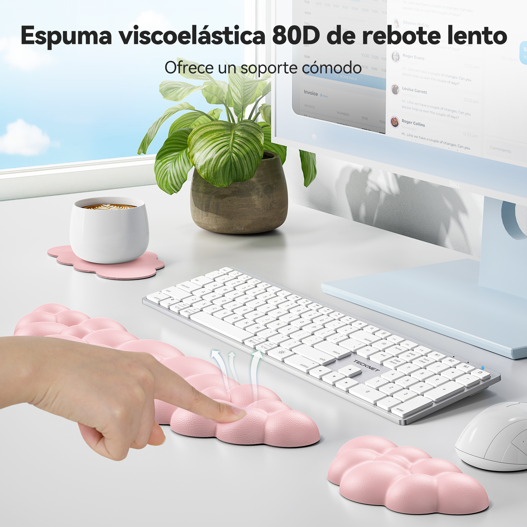 TECKNET BASICS Cloud Keyboard Wrist Rest Set, Non-Slip PU Leather Wrist Pad with Ergonomic Memory Foam, for Laptop/Office/Gaming & Pain Relief, Light Pink