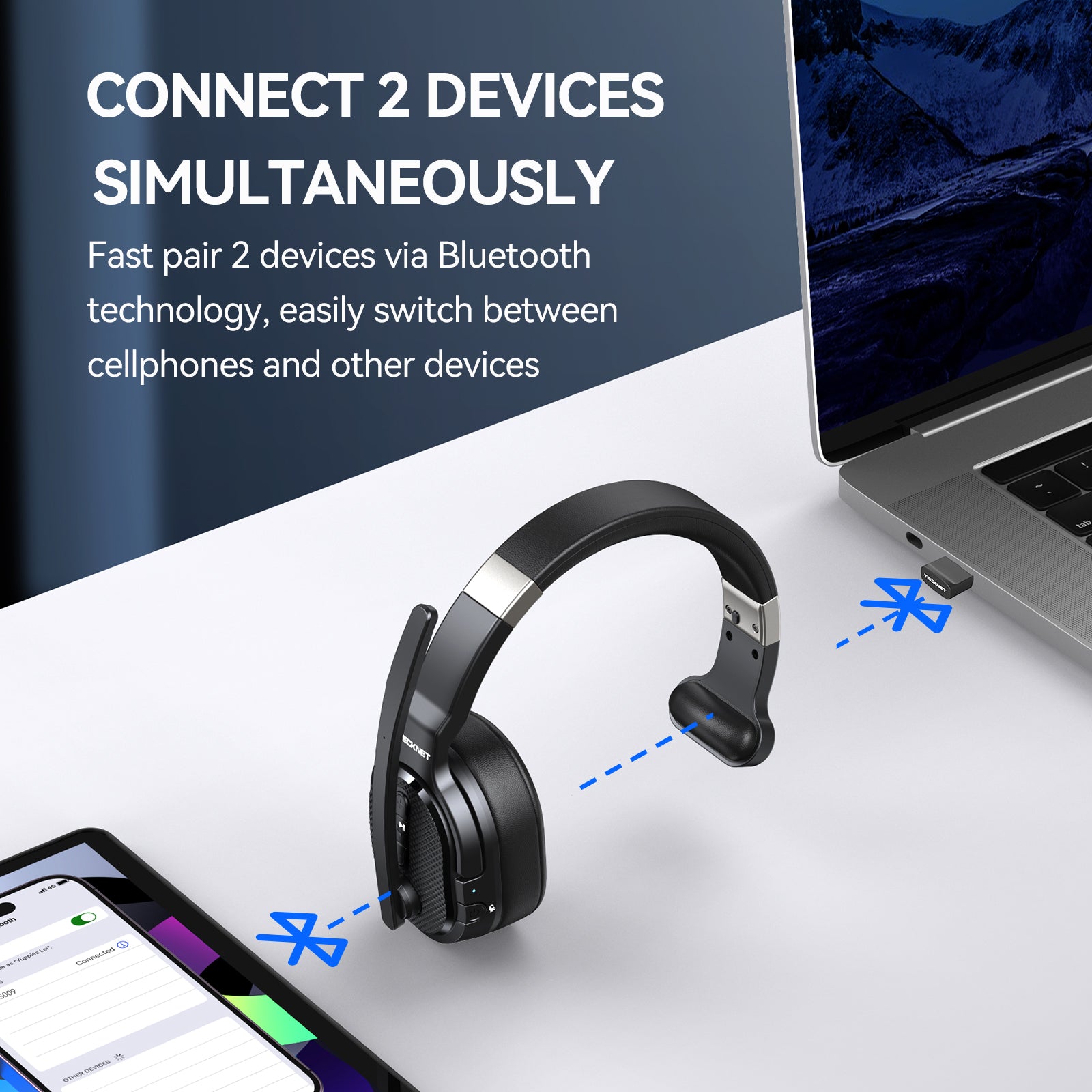 TECKNET Trucker Bluetooth Headset: V5.2 & USB Dongle, 70H Wireless with Mic/Mute, ENC Noise Canceling, for Truck Drivers, Cell Phone, PC, Office