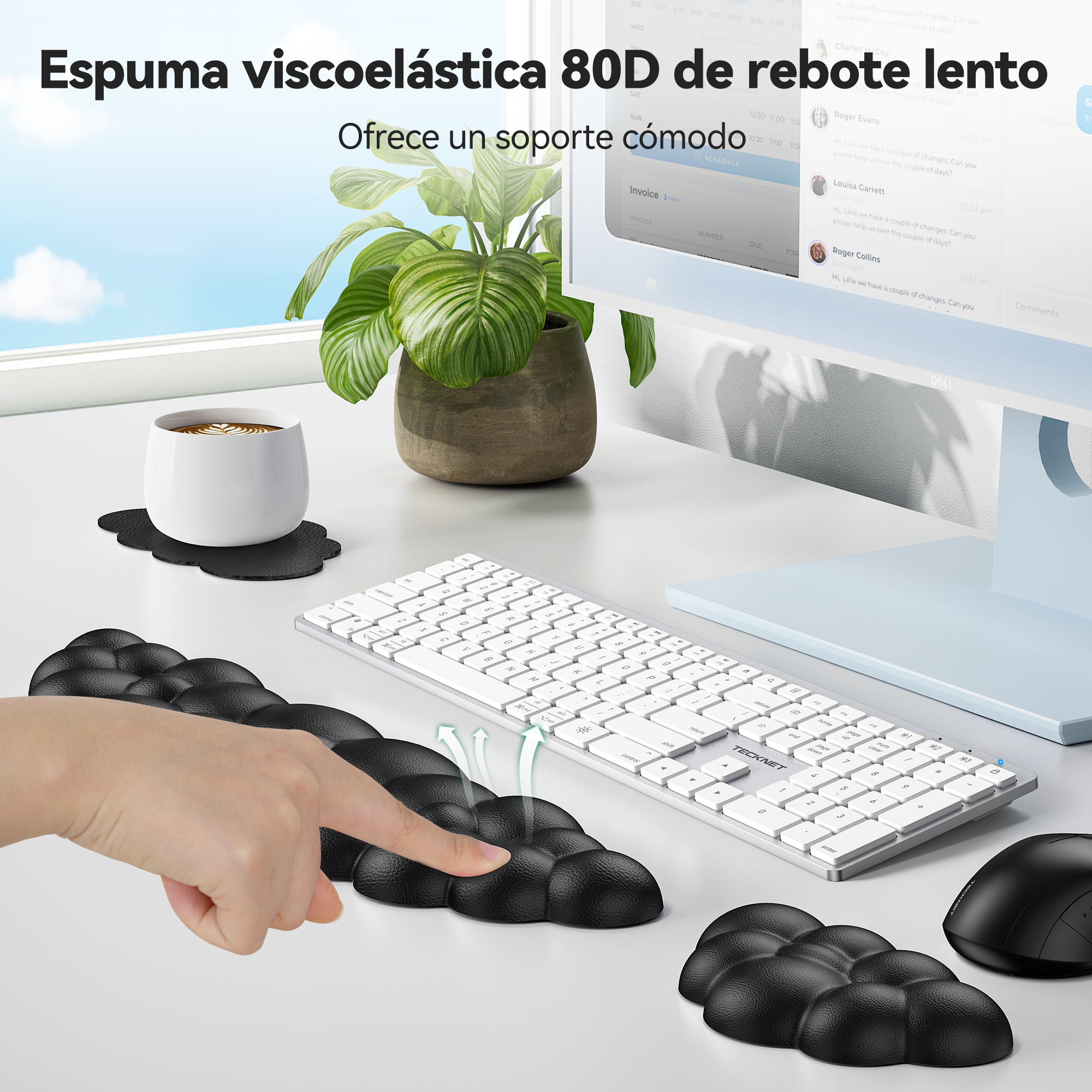 TECKNET BASICS Cloud Keyboard Wrist Rest Set, Non-Slip PU Leather Wrist Pad with Ergonomic Memory Foam, for Laptop/Office/Gaming & Pain Relief, Black