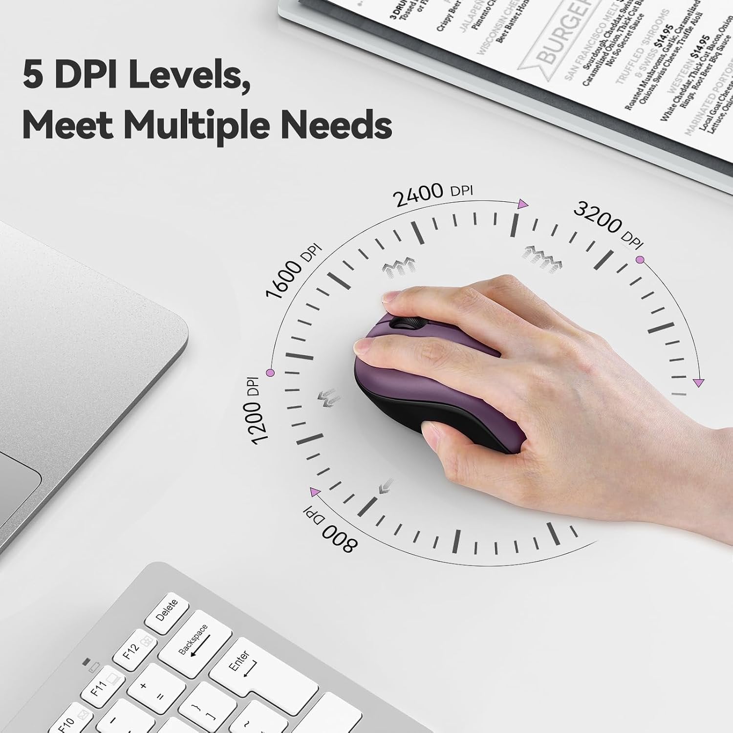 Wireless Mouse for Laptop, 2.4G Silent Mouse Quiet Click, Small Portable Computer Mouse, 5 DPI Levels, Cordless Mice for PC, Chromebook, Mac