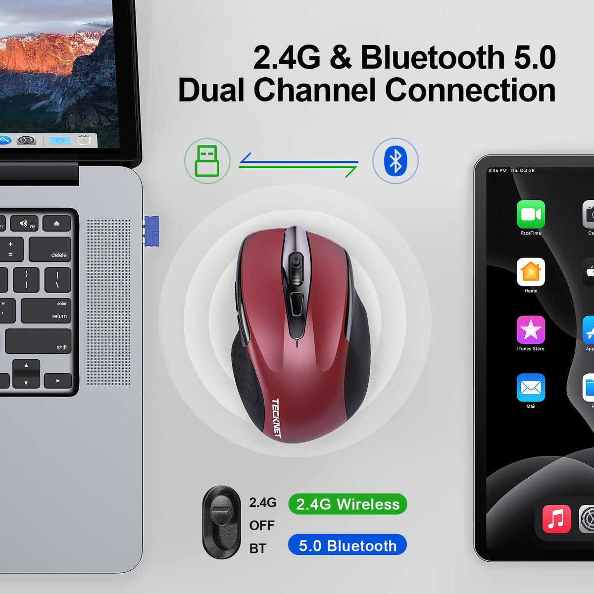 TECKNET Wireless Mouse (BT5.0/3.0 & 2.4G) Rechargeable 4800 DPI Silent USB A & Bluetooth Mouse 6 Buttons, Wide Compatibility - Red