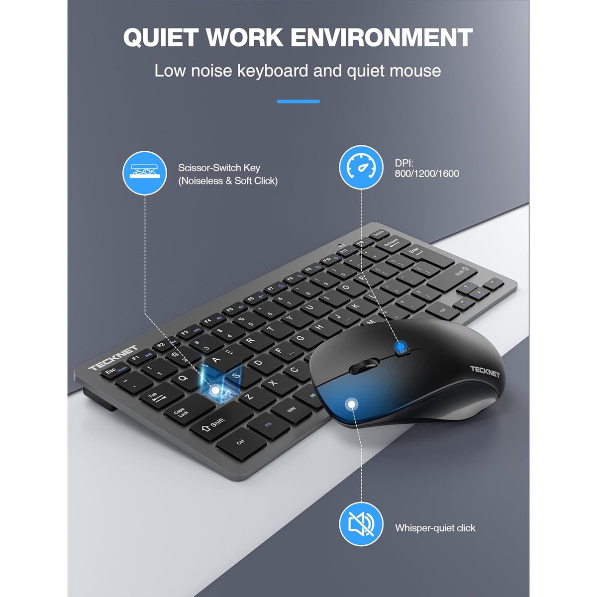 TECKNET BASICS Wireless Keyboard & Mouse Combo, 2.4GHz Mini Set, Silent 1600 DPI Adjustable, Quiet Click Lag-Free for PC/Laptop/Mac/Chrome OS (GS)