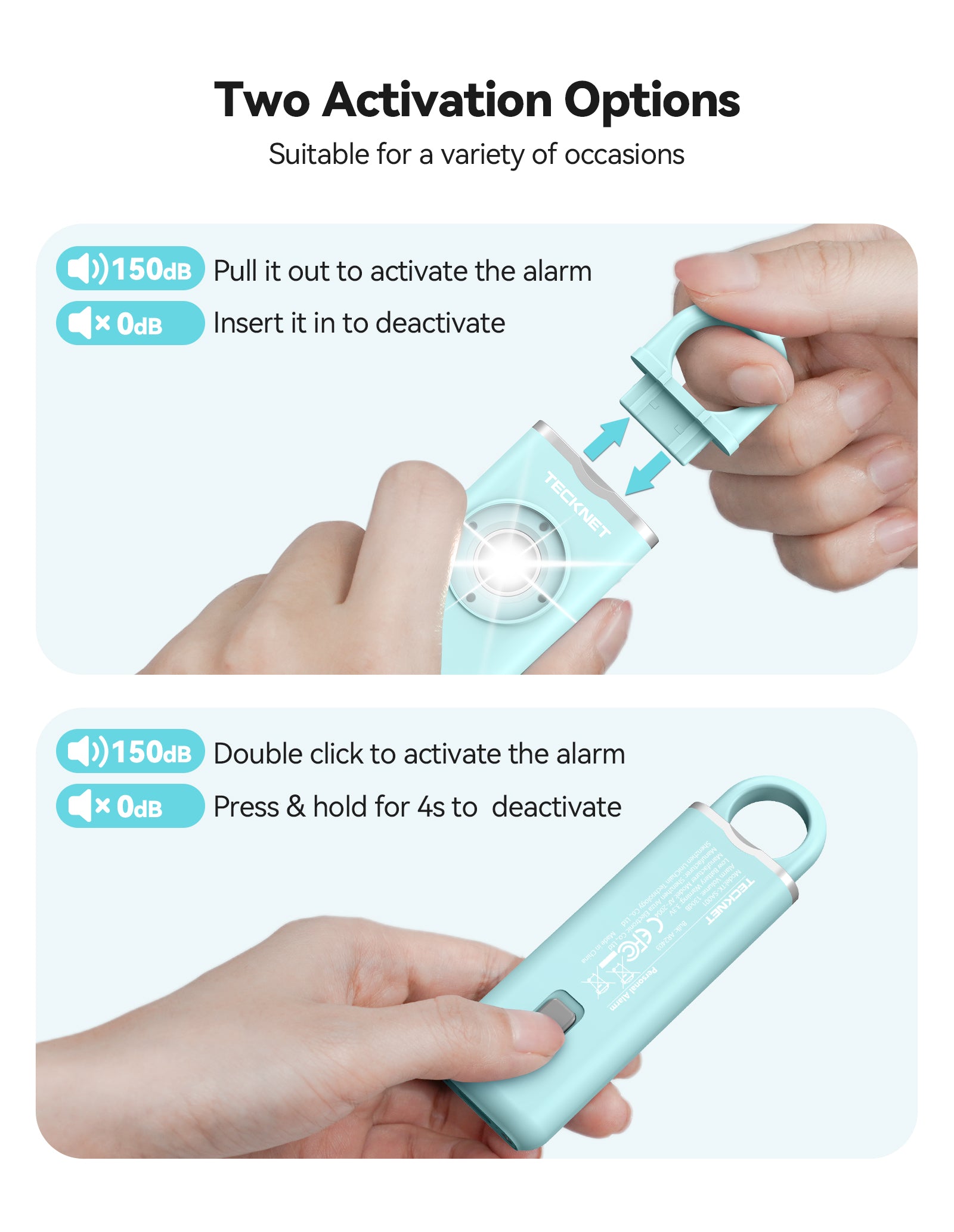 TECKNET BASICS Personal Safety Alarm, 130dB Self Defense Keychain with SOS Strobe Light, Low Battery Notice, Loud Siren for Women Kids Elderly，Blue