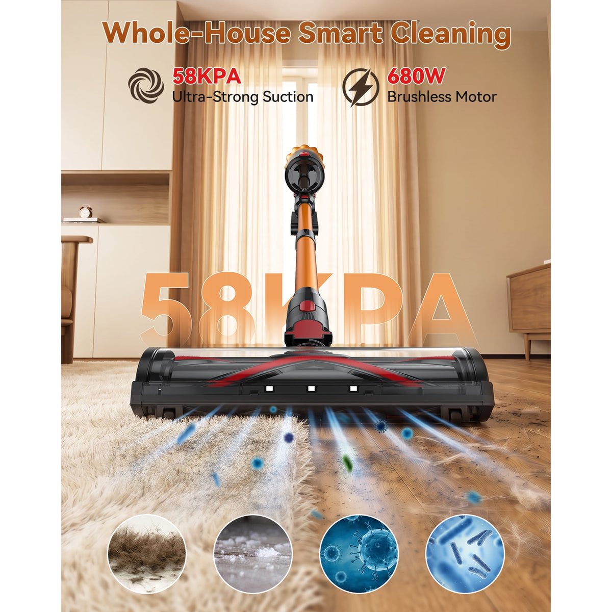 TechRise Basic 58kPa/680W Cordless Vacuum Cleaners for home, 70Mins Long Runtime, Anti-Tangle, Self-Standing for Pet Hair & Carpet