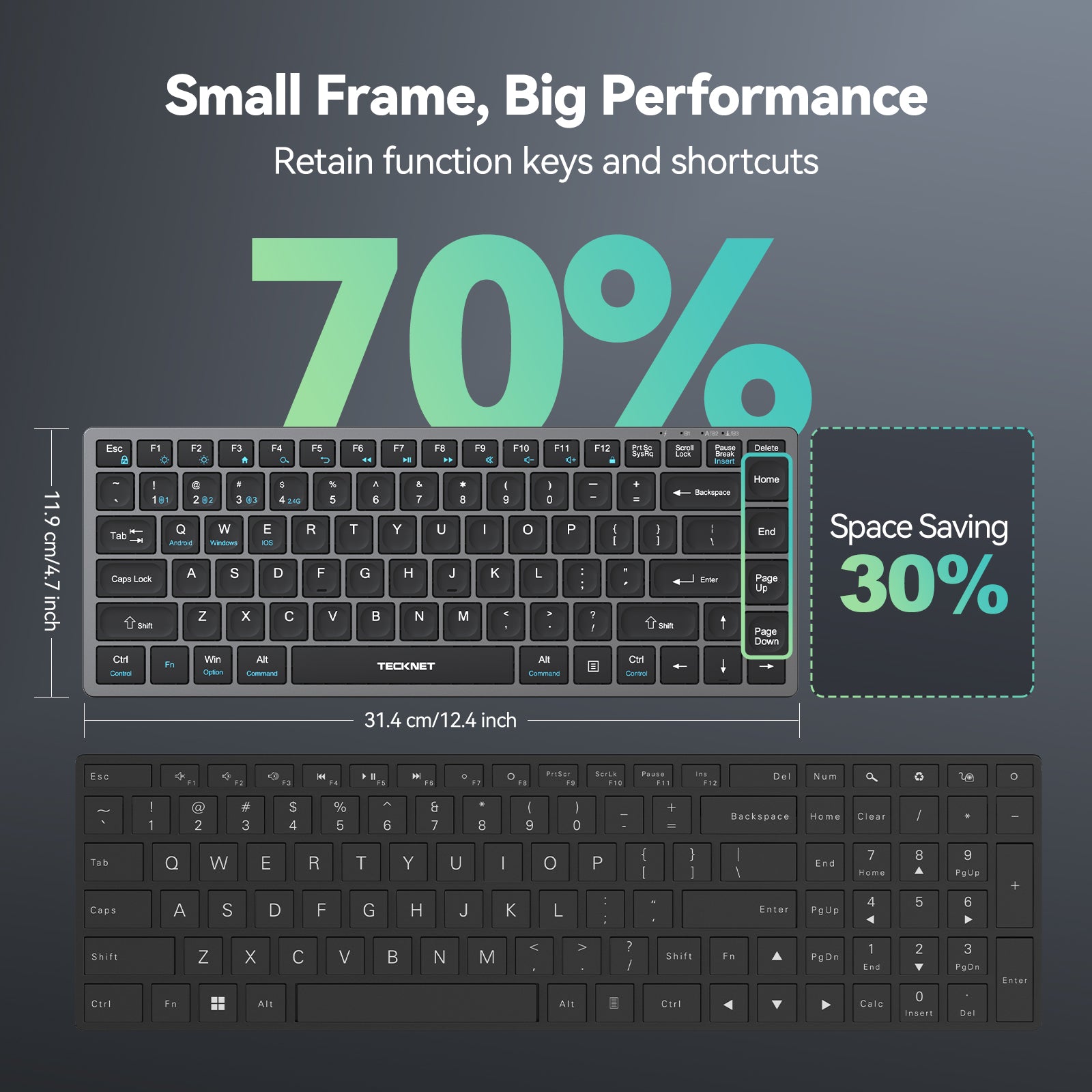 TECKNET Bluetooth Keyboard Rechargeable, 4-Device (2.4G+3BT) Wireless Keyboard, Ultra-Slim Quiet Typing, 14 Hotkeys Computer Keyboard for PC/Laptop/Smart TV/Tablet/Compatible with Apple iPad