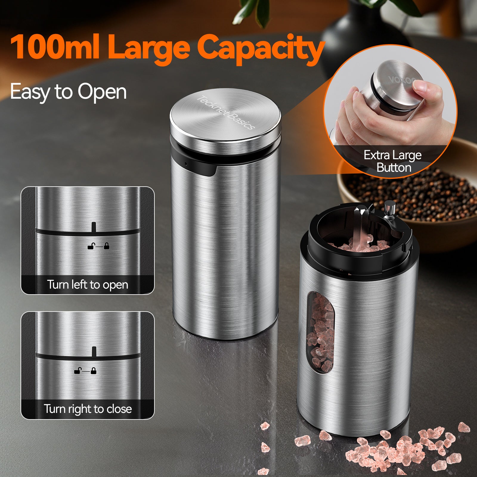 Tecknet Basics Electric Salt and Pepper Grinder Set Rechargeable Stainless Steel