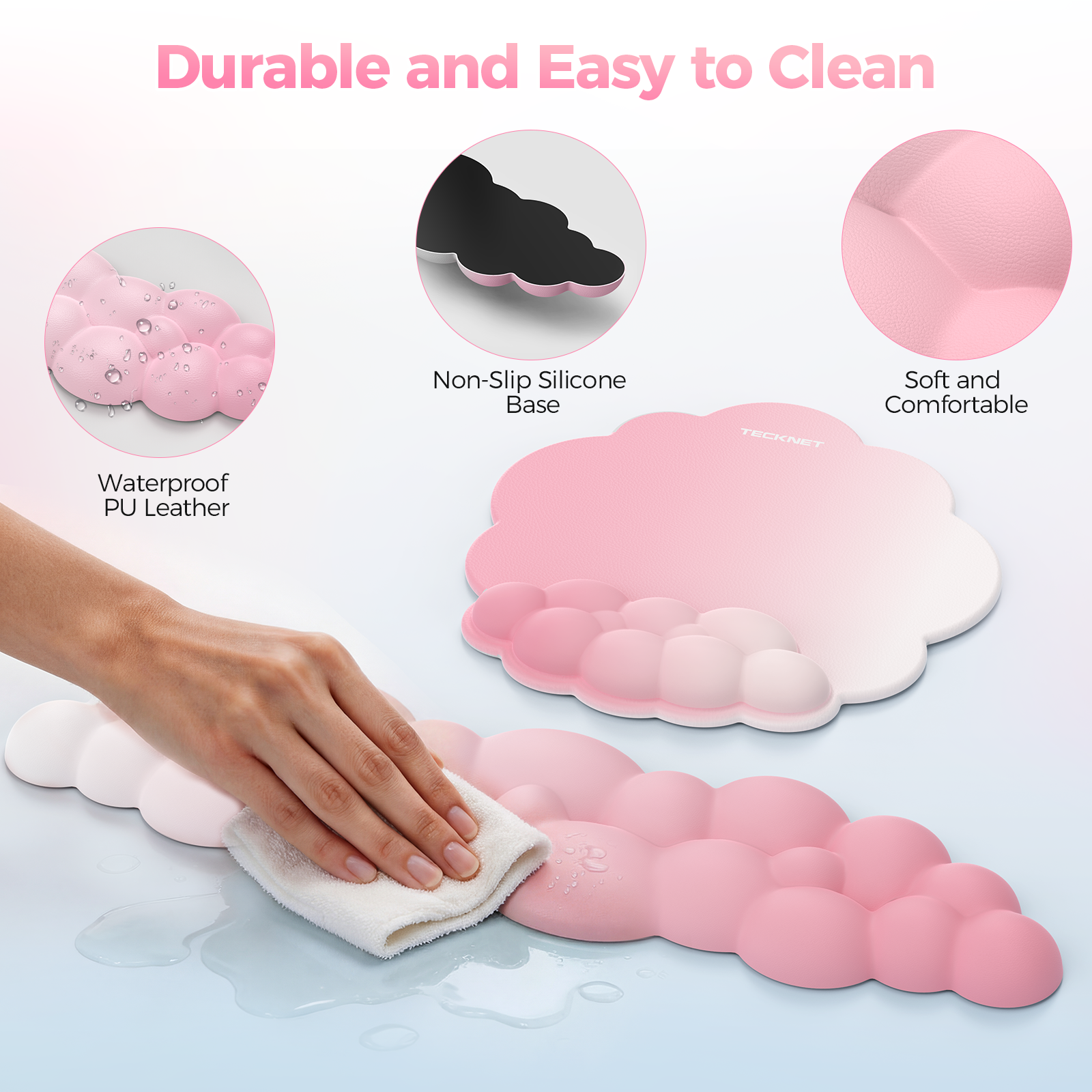 TECKNET BASICS Cloud Ergonomic Mouse Pad with Wrist Rest, Memory Foam Support & Non-Slip Base for Pain Relief, Office & Gaming, Pink