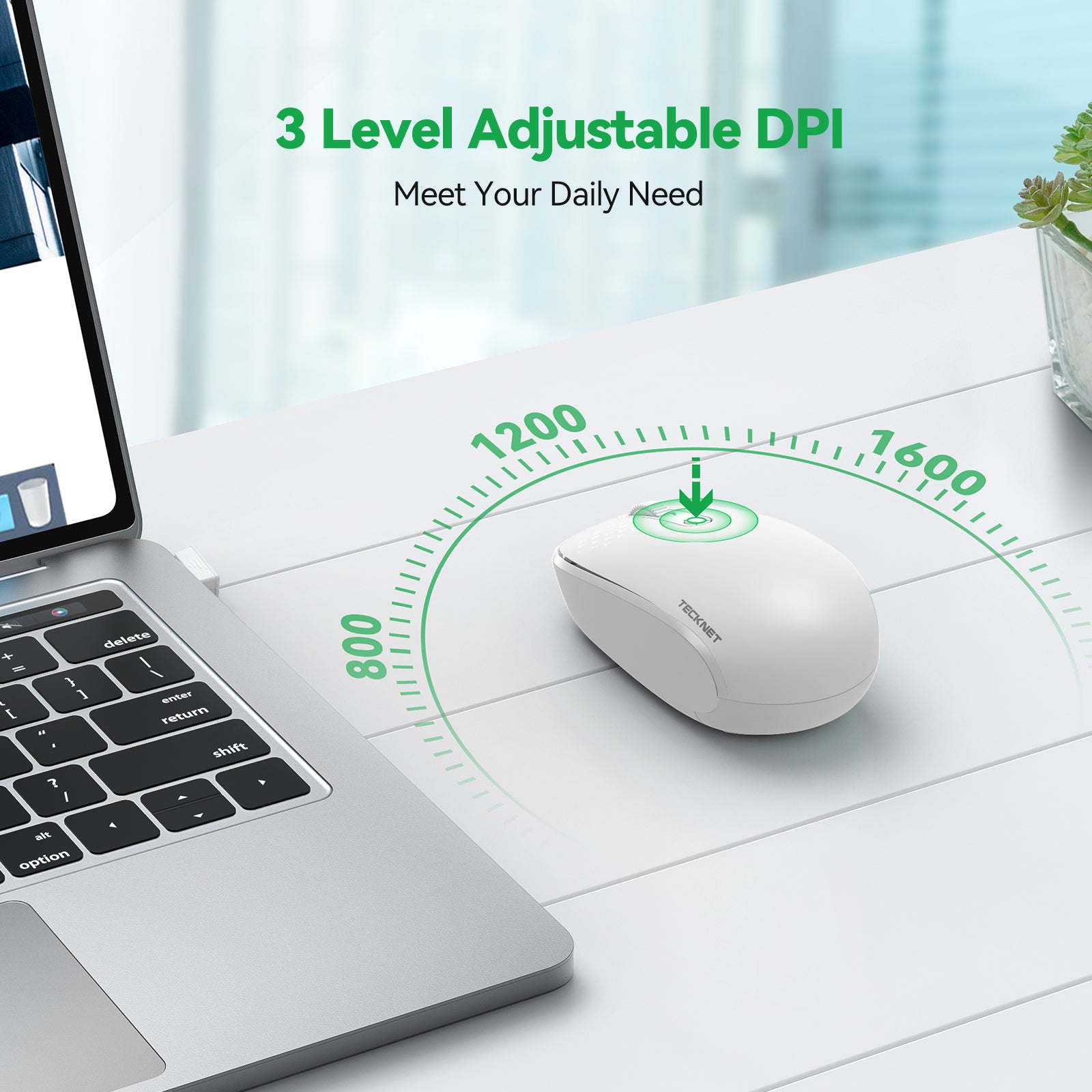 TECKNET Wireless Mouse, 2.4G Quiet Computer Mouse with USB Receiver, 4 Buttons Portable Cordless Mice for Chromebook, Laptop, PC, Mac, 800/1200/1600 DPI