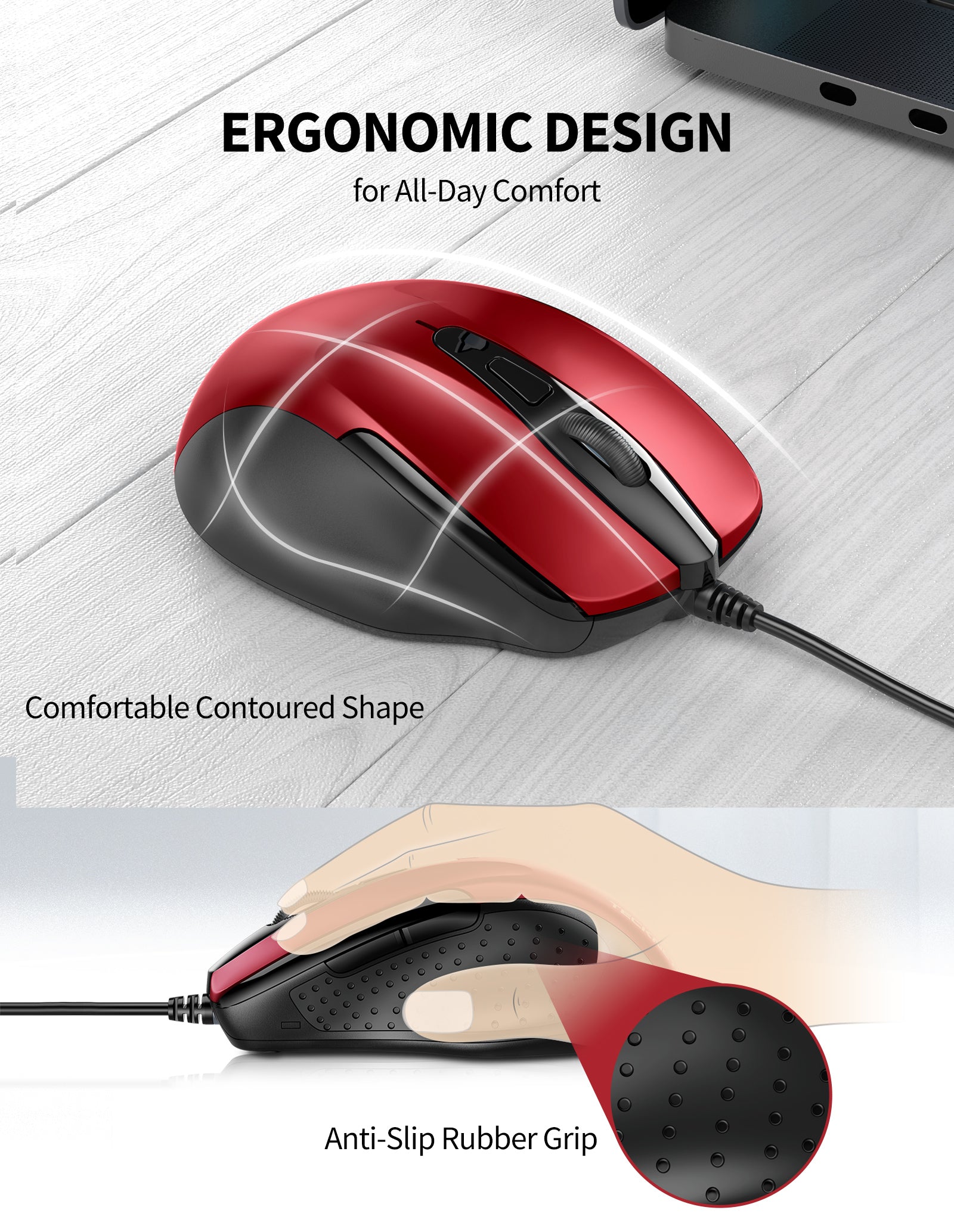 TECKNET Wired Mouse, 6-Button Corded with 4 Adjustable DPI, Optical Ergonomic Design, 11FT Cord for Laptop, Chromebook, PC, Desktop, Mac, Notebook - Red