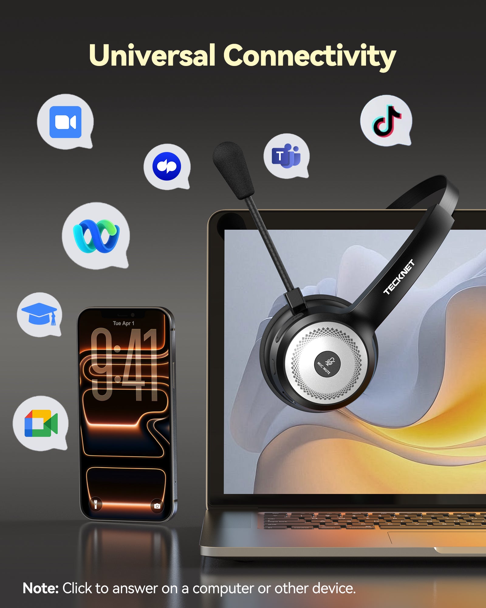 TECKNET Wireless Headset for Work, 40Hrs Worktime AI Noise Cancelling Computer Headphones with Charging Base, Bluetooth Headset with Mic & USB Dongle for PC/Laptop/Call Center