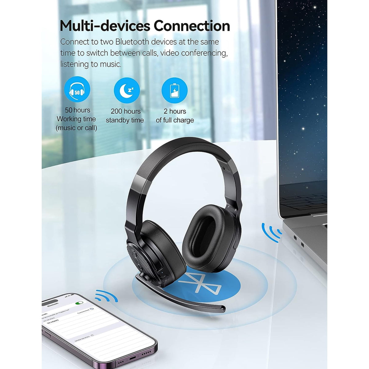 TECKNET BASICS Bluetooth Trucker Headset, Single & Dual Ear Wireless with Mic, Noise Cancelling, 50Hrs Battery, 3 EQ Music Modes, Trucker Bluetooth Headphones for PC, Drivers, Office, Call Center