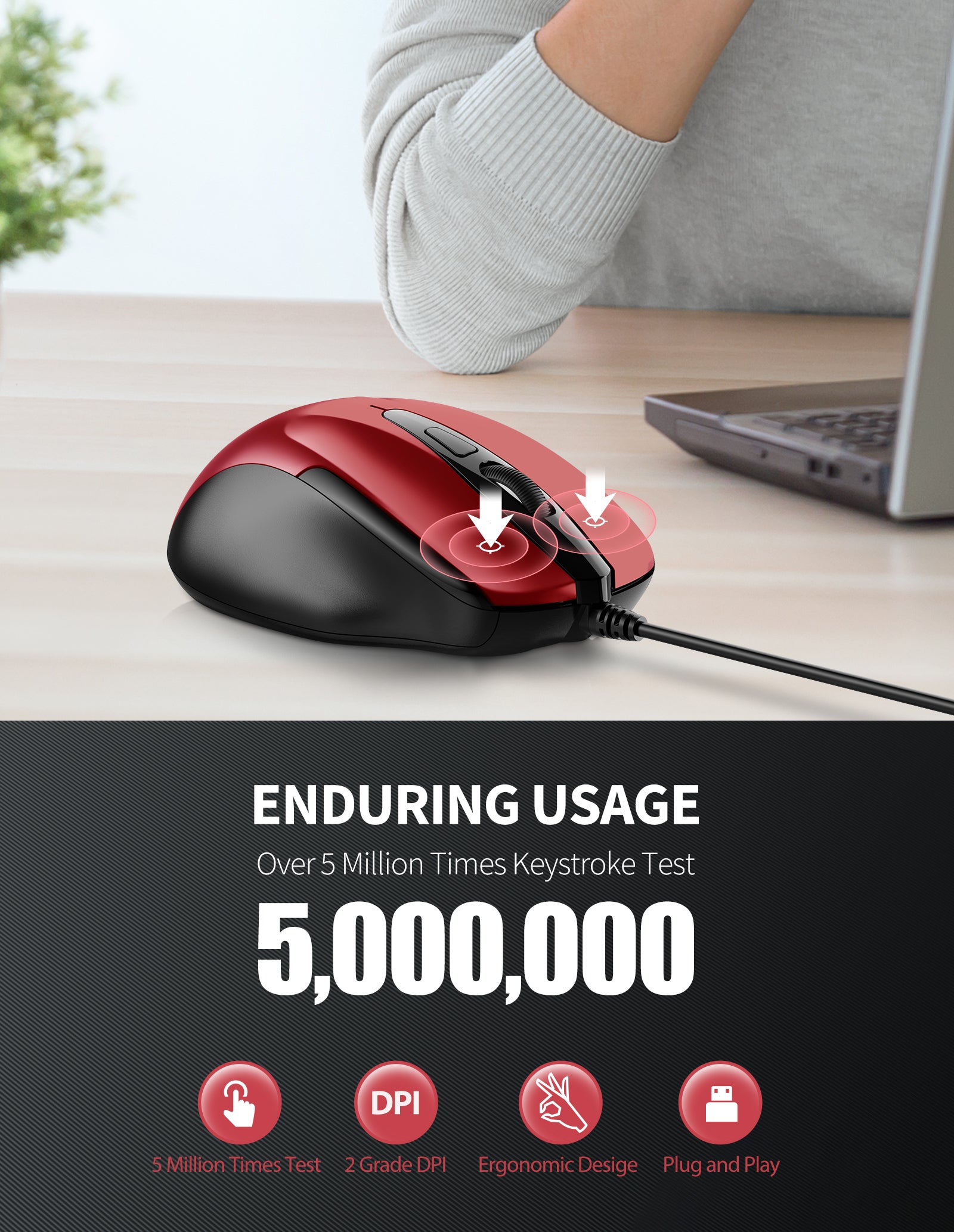 TECKNET Wired Mouse, 6-Button Corded with 4 Adjustable DPI, Optical Ergonomic Design, 11FT Cord for Laptop, Chromebook, PC, Desktop, Mac, Notebook - Red