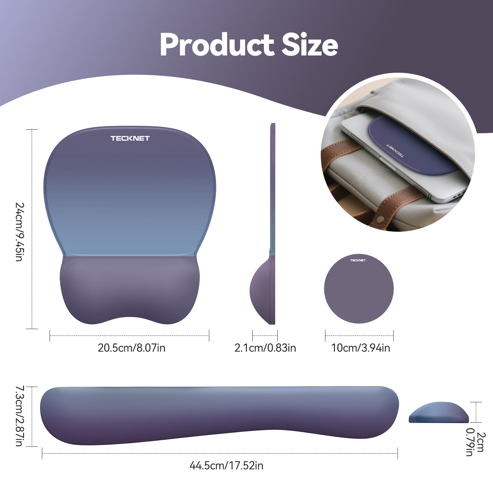 TECKNET BASICS Gel Mouse Pad with Wrist Rest, 3 in 1 Keyboard Wrist Rest for Pain Relief, Non-Slip PU Base, Ergonomic Set for Office & Home，Blue Purple Gradien