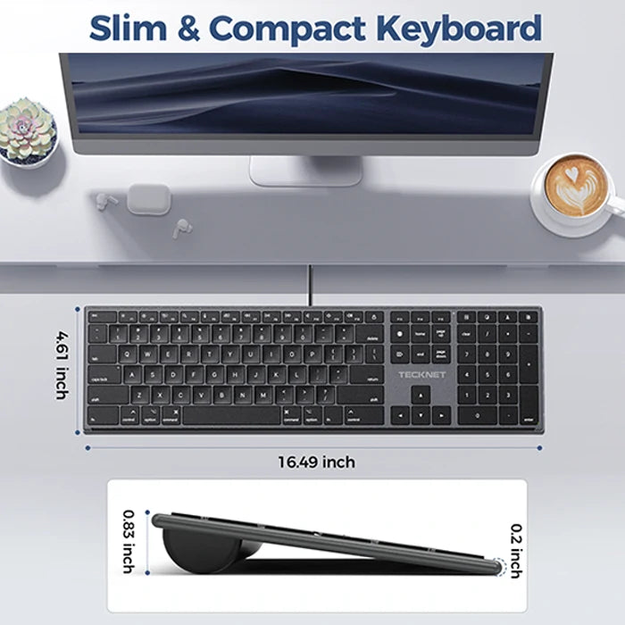 TECKNET Slim Silent Wired Keyboard, Mac Compatible (USB & Type-C), TK-KB049