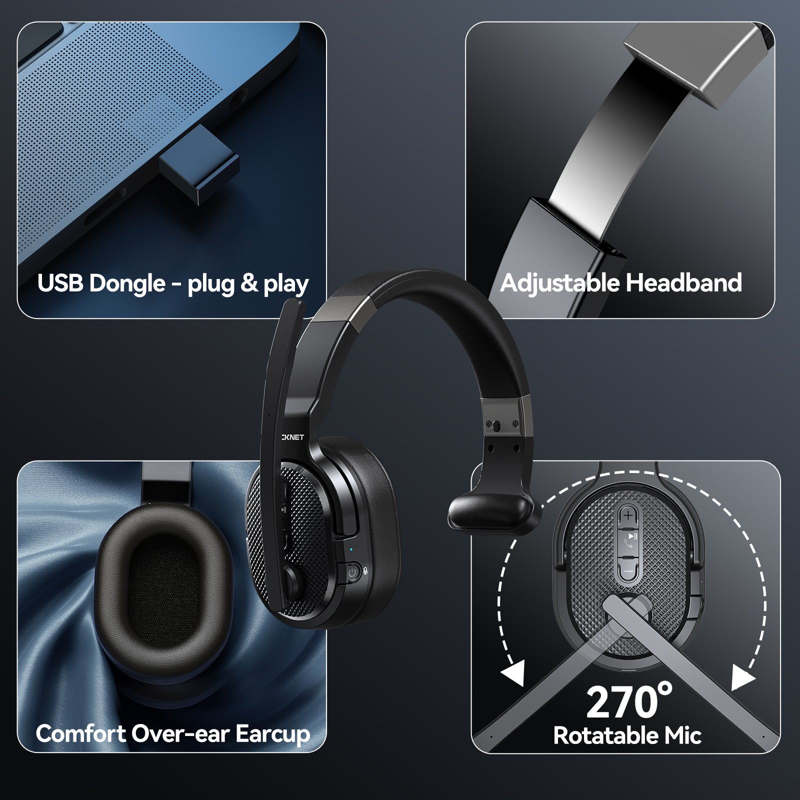 TECKNET Trucker Bluetooth Headset: V5.2 & USB Dongle, 70H Wireless with Mic/Mute, ENC Noise Canceling, for Truck Drivers, Cell Phone, PC, Office