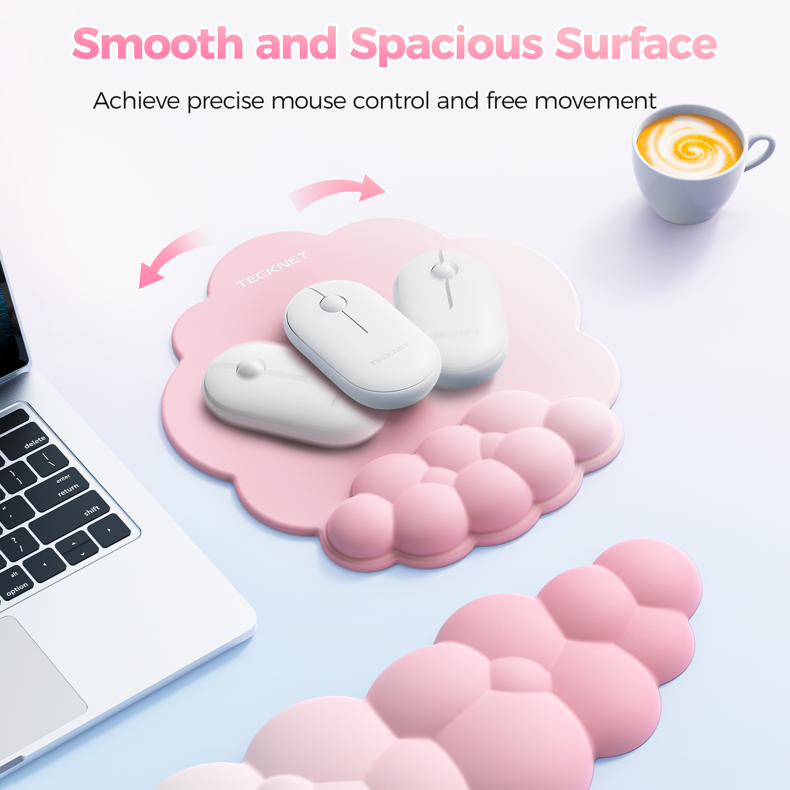 TECKNET BASICS Cloud Ergonomic Mouse Pad with Wrist Rest, Memory Foam Support & Non-Slip Base for Pain Relief, Office & Gaming, Pink