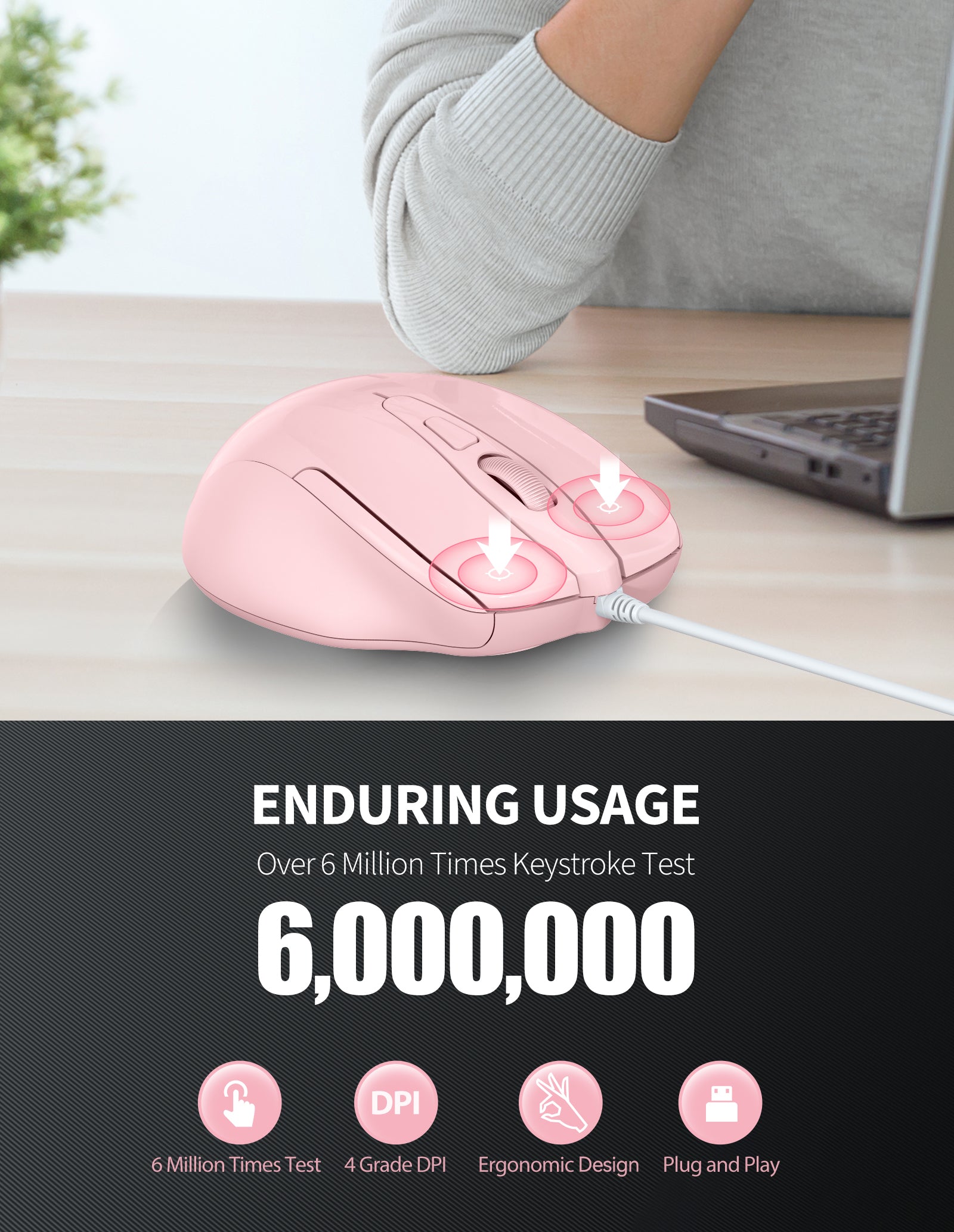 TECKNET BASICS Wired Mouse, 6-Button Corded with 4 Adjustable DPI, Optical Ergonomic Design, 5FT Cord for Laptop, Chromebook, PC, Desktop, Mac, Notebook
