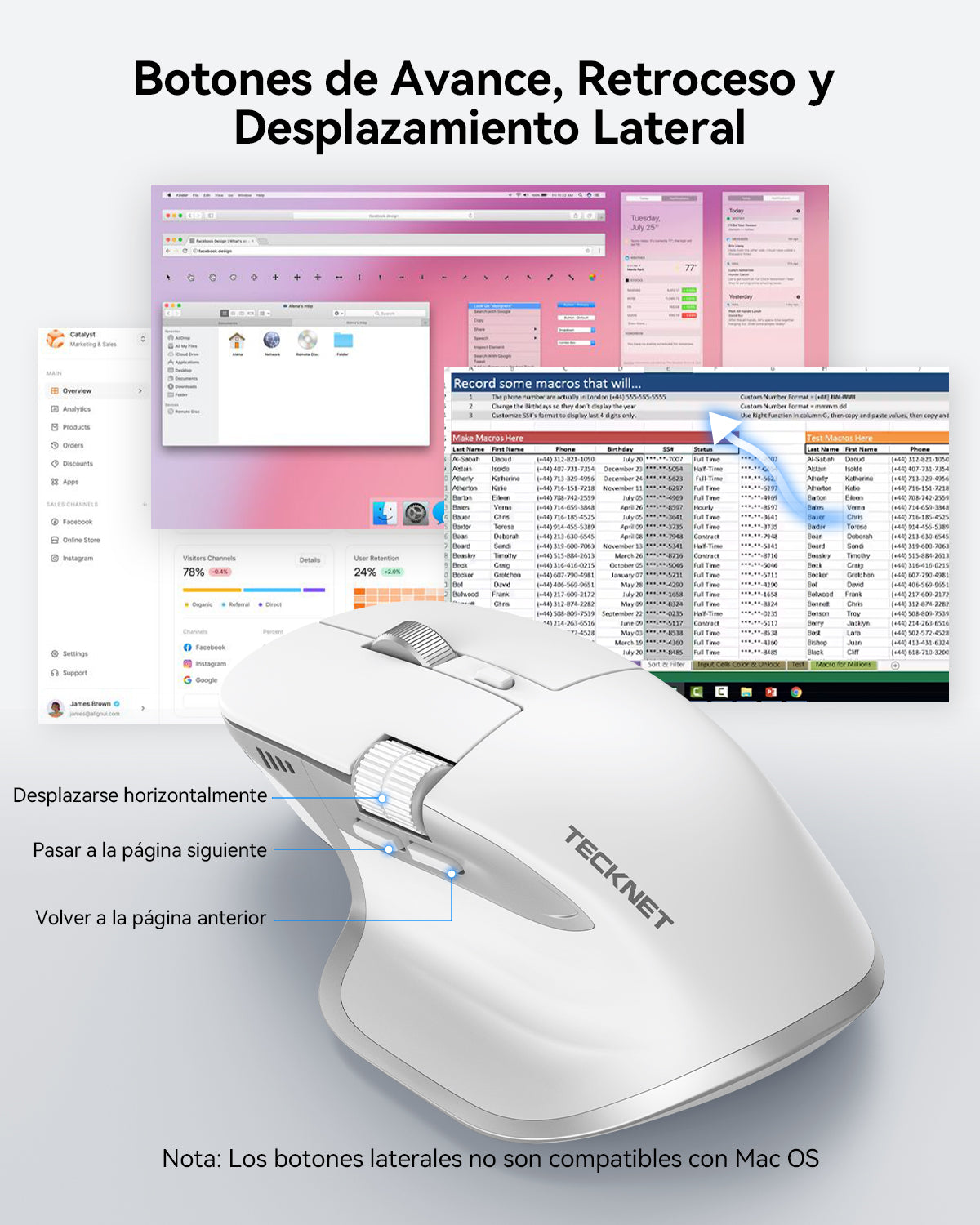 TEIMA Wireless Mouse, Bluetooth Mouse (BT5.3/5.0 & 2.4G) Rechargeable Ergonomic Optical Mouse with 6 Adjustable DPI, Side Scroll, Quiet Clicks, USB A Receiver, 7 Buttons, Wide Compatibility - White