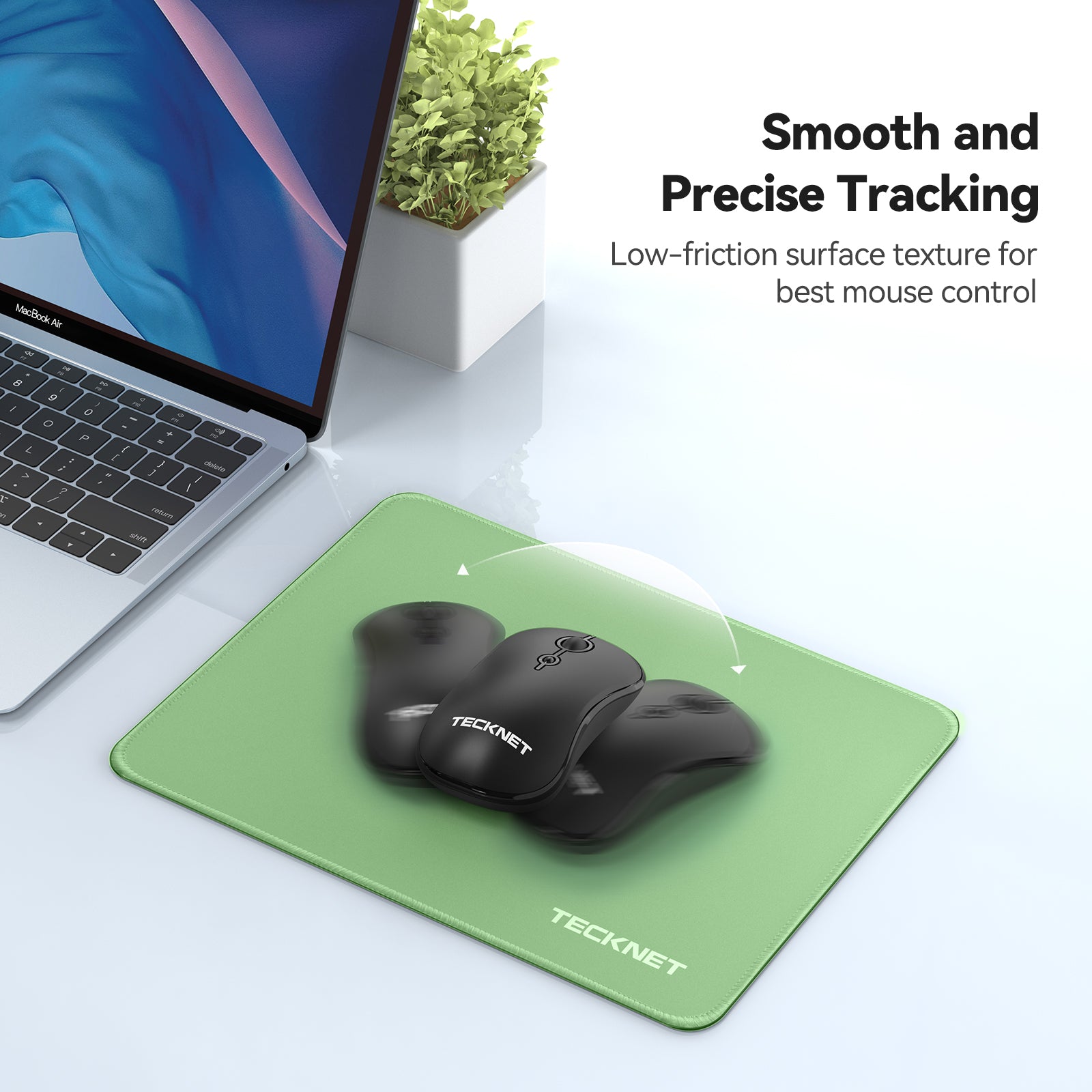 TECKNET BASICS Mouse Pad with Anti-fray Stitching, Waterproof Non-Slip Base, Stitched Edges Gaming Mouse Mat for Laptop, Compatible with Laser/Optical Mice - LT.Green