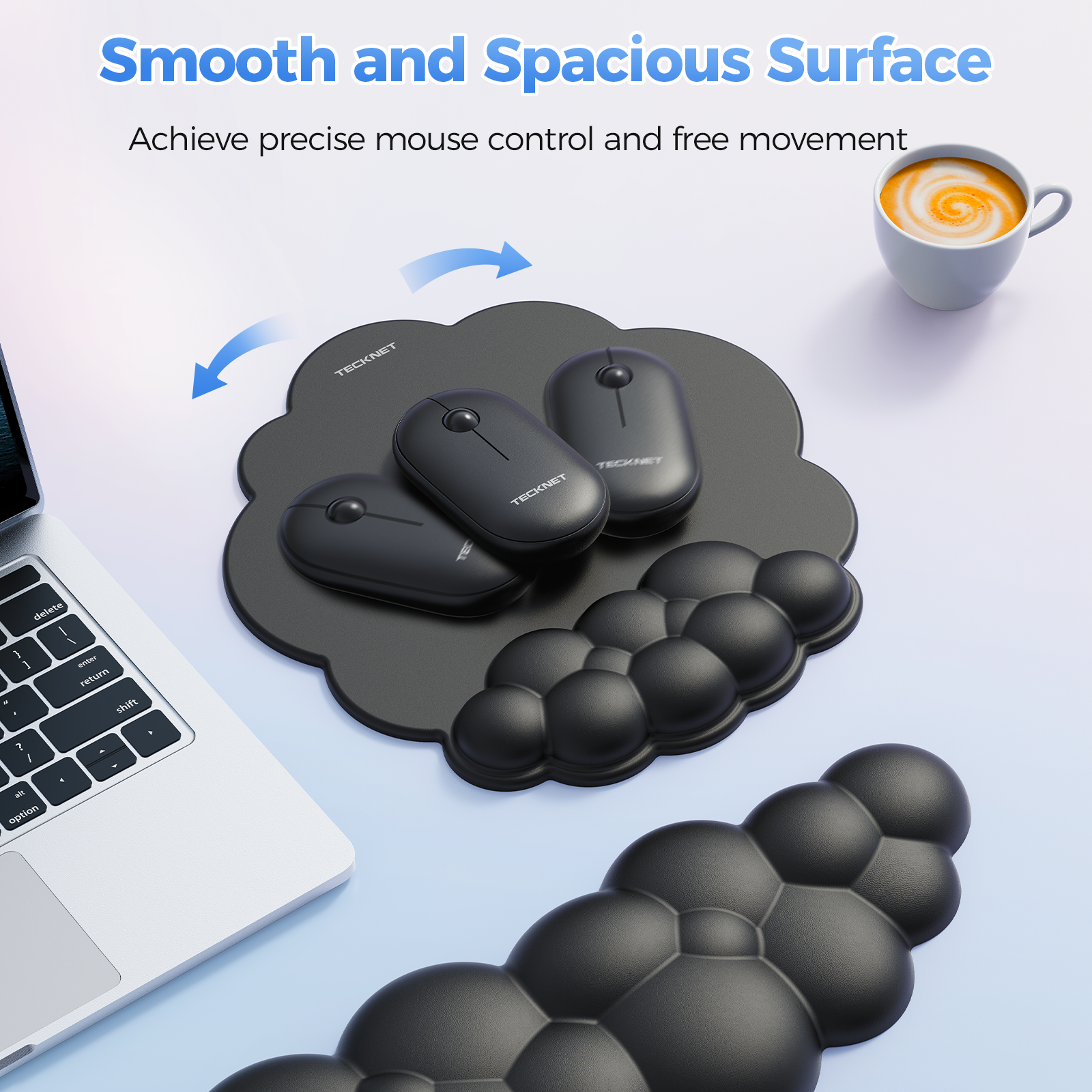 TECKNET BASICS Cloud Ergonomic Mouse Pad with Wrist Rest, Memory Foam Support & Non-Slip Base for Pain Relief, Office & Gaming， Black