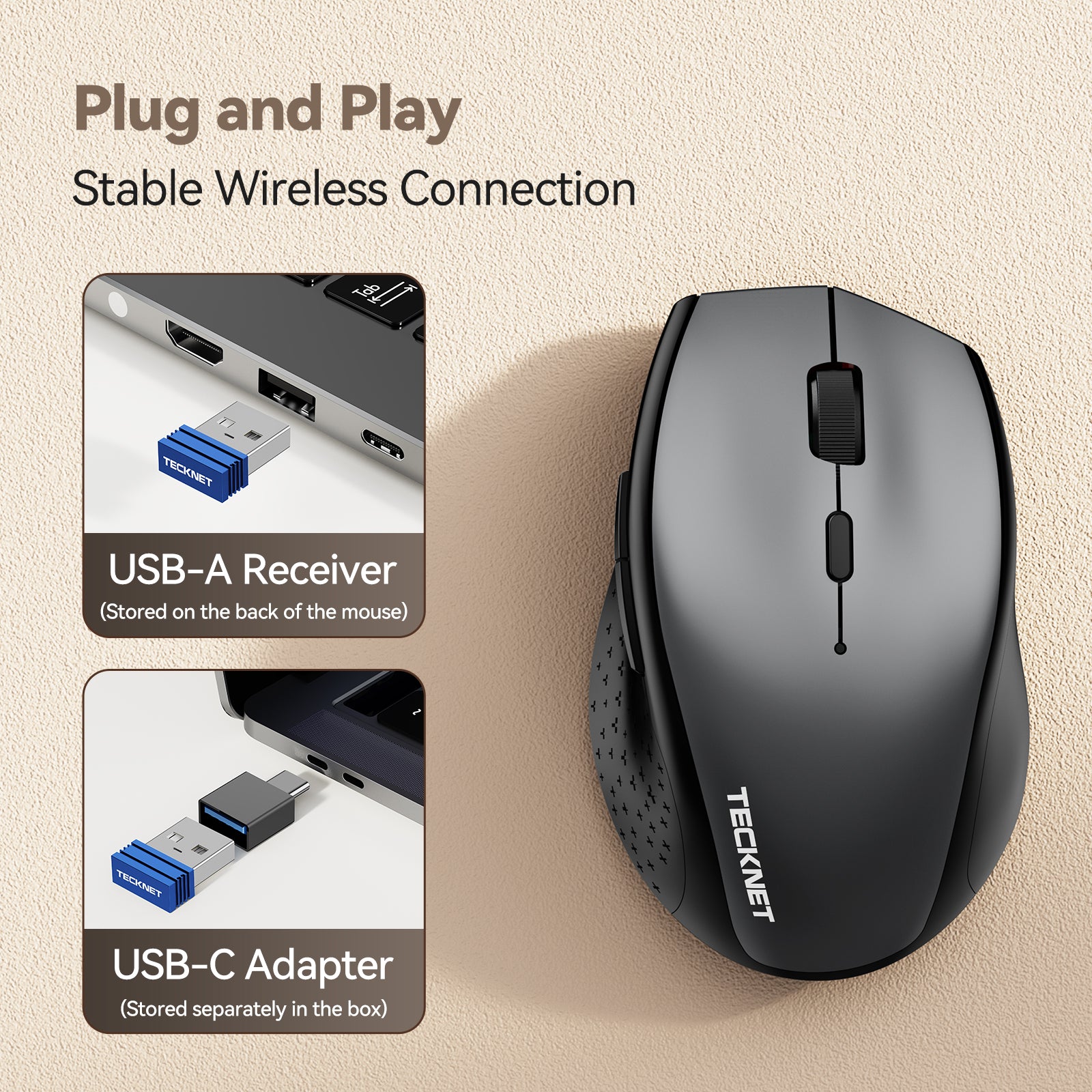 TECKNET Rechargeable Mouse with Jiggler, Plug & Play, 2.4G Connection with USB-C Adapter, Silent Mouse Quiet Click, 6400 DPI Ergonomic Mouse, Cordless Computer Mice for Laptop, Desktop, PC