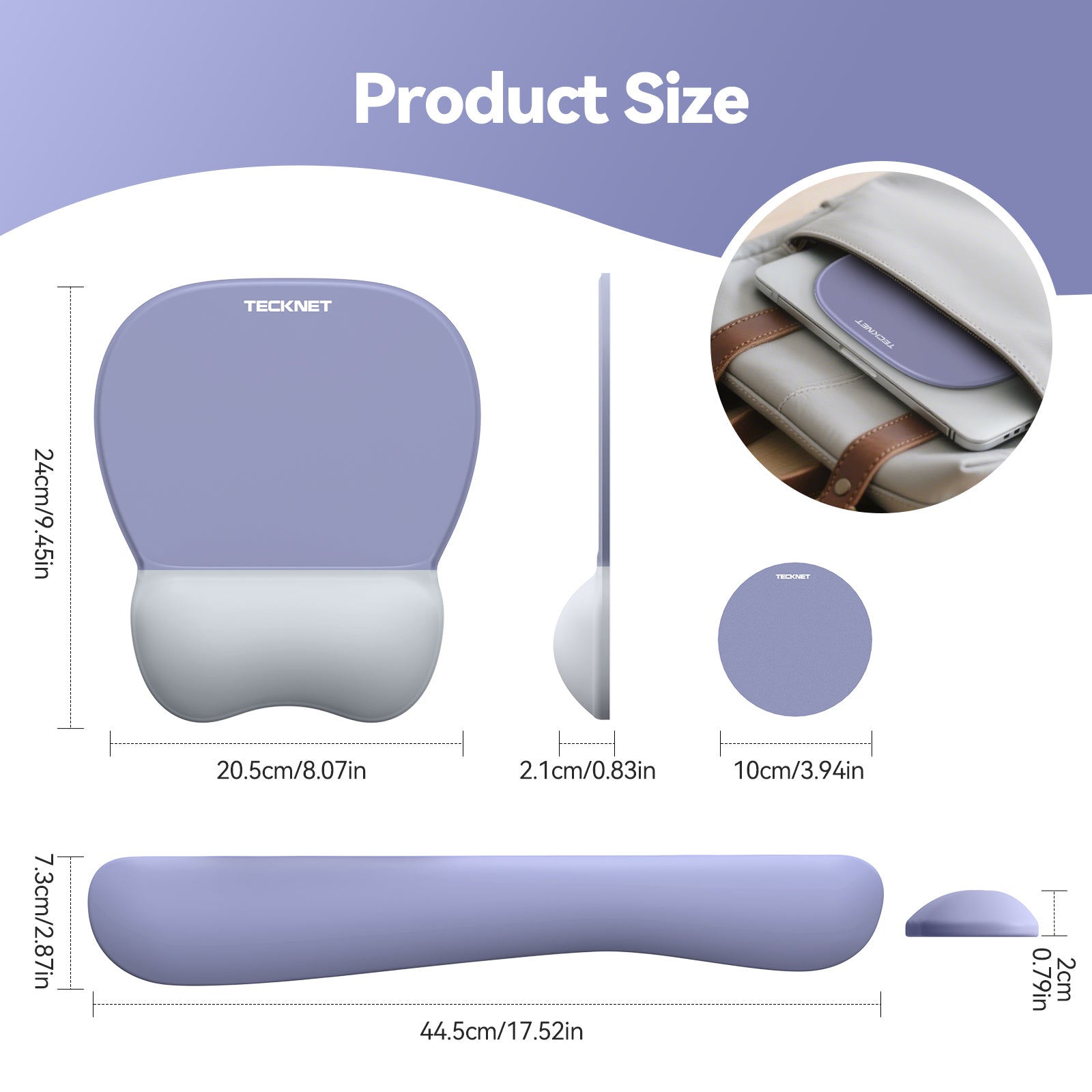 TECKNET BASICS Gel Mouse Pad with Wrist Rest, 3 in 1 Keyboard Wrist Rest for Pain Relief, Non-Slip PU Base, Ergonomic Set for Office & Home，Purple