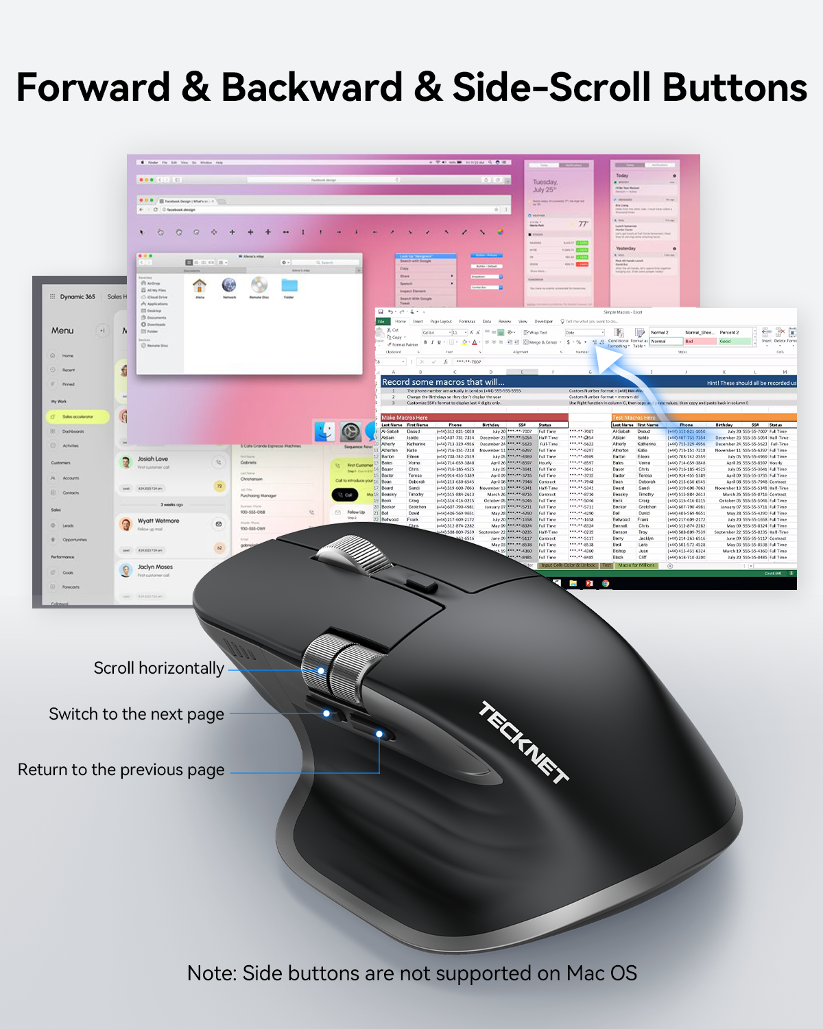 TEIMA Wireless Mouse, Bluetooth Mouse (BT5.3/5.0 & 2.4G) Rechargeable Ergonomic Optical Mouse with 6 Adjustable DPI, Side Scroll, Quiet Clicks, USB A Receiver, 7 Buttons, Wide Compatibility - Black