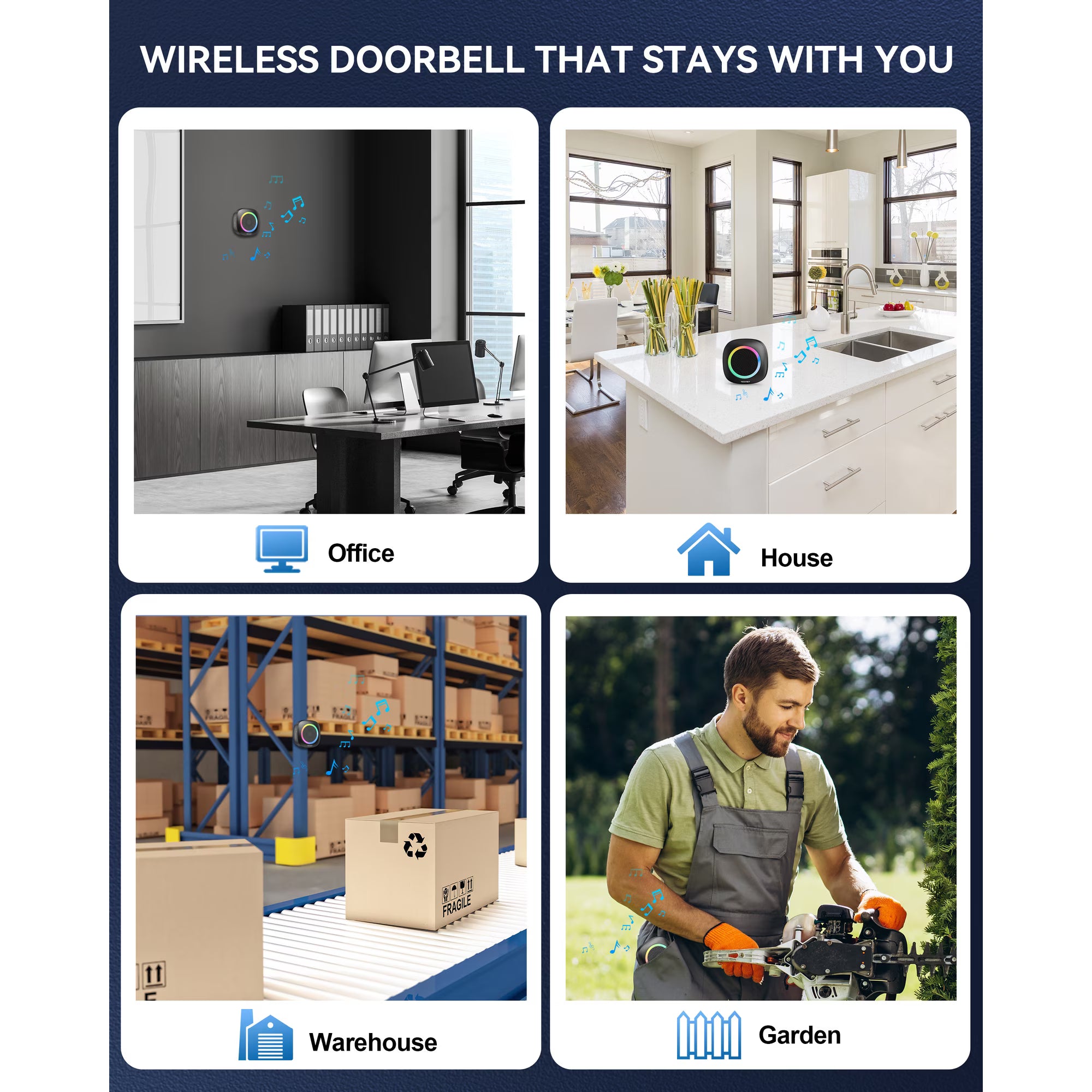 TECKNET Wireless Doorbell with 3 Portable Doorbells with RGB Light, Battery Powered IP66 Waterproof Door Chime Kit, 1300ft Wireless Range, 60 Chimes & 5 Level Volume, FCC Id:YI6RL-33TX