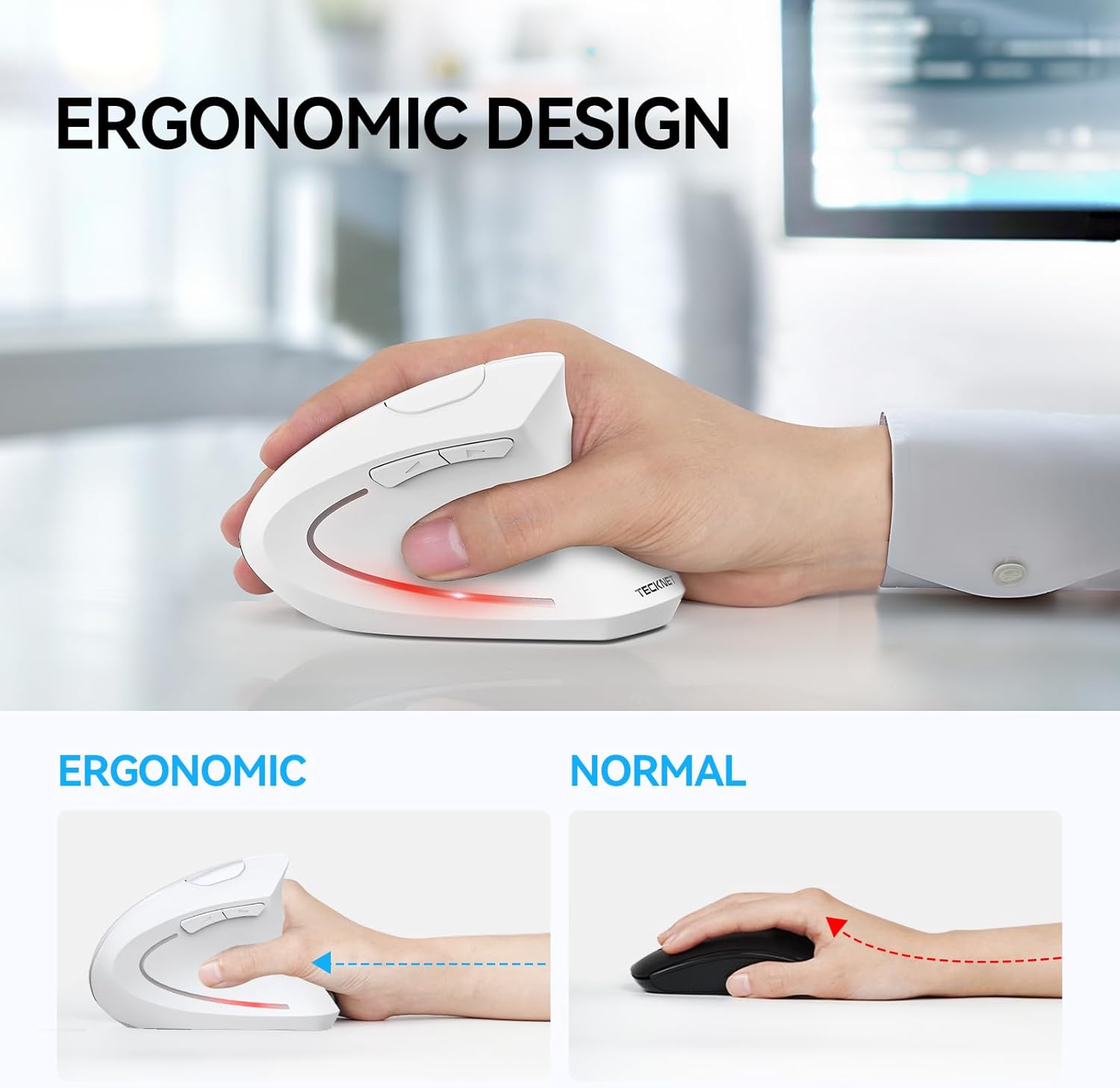 TECKNET Ergonomic Mouse, Wireless Bluetooth Vertical Mouse, 4800 DPI Optical Tracking, 6 Adjustable DPI, Quiet Clicks, 2.4GHz with USB A Receiver, 12 Months Battery, 6 Buttons, Wide
