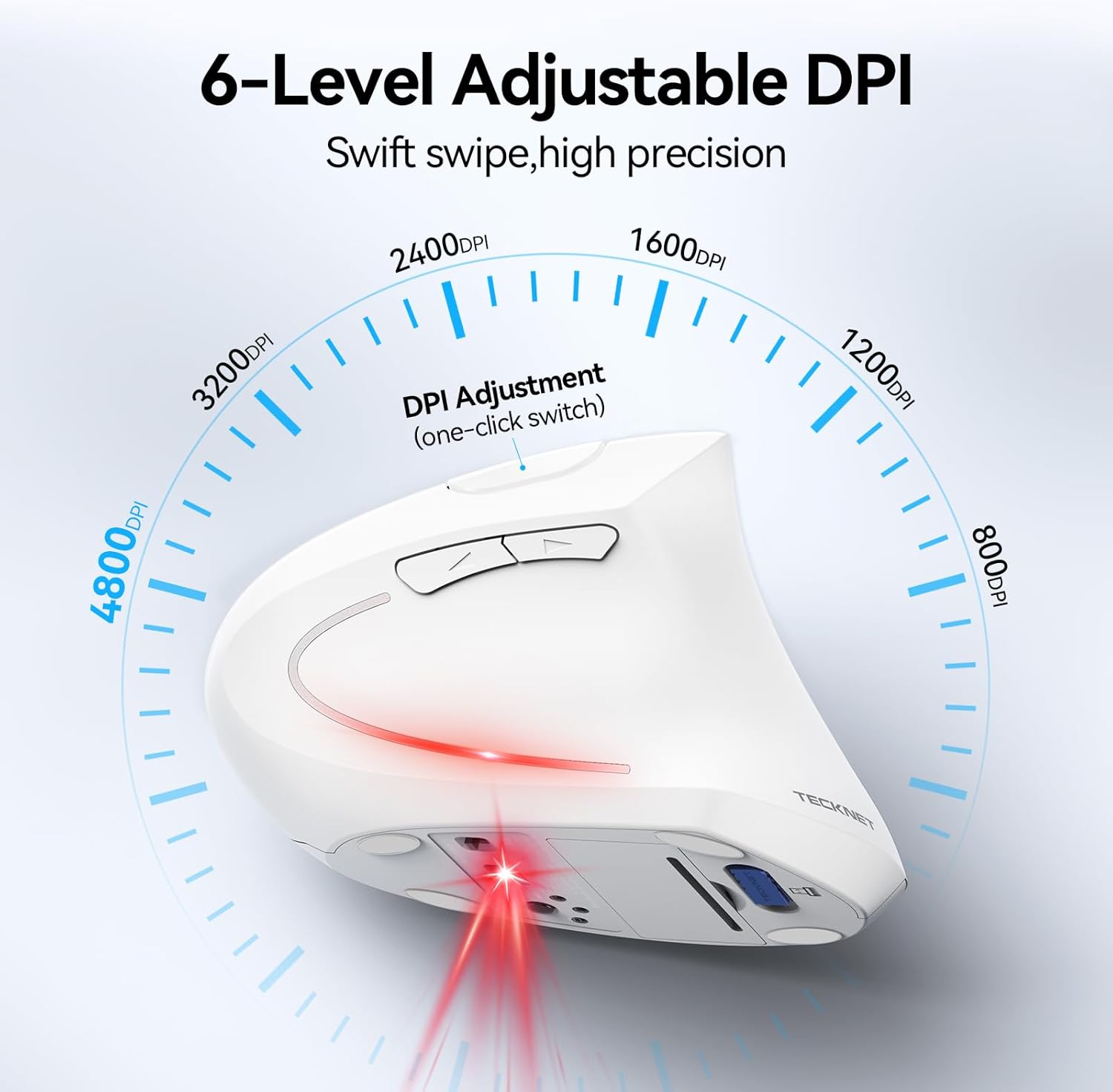 TECKNET Ergonomic Mouse, Wireless Bluetooth Vertical Mouse, 4800 DPI Optical Tracking, 6 Adjustable DPI, Quiet Clicks, 2.4GHz with USB A Receiver, 12 Months Battery, 6 Buttons, Wide