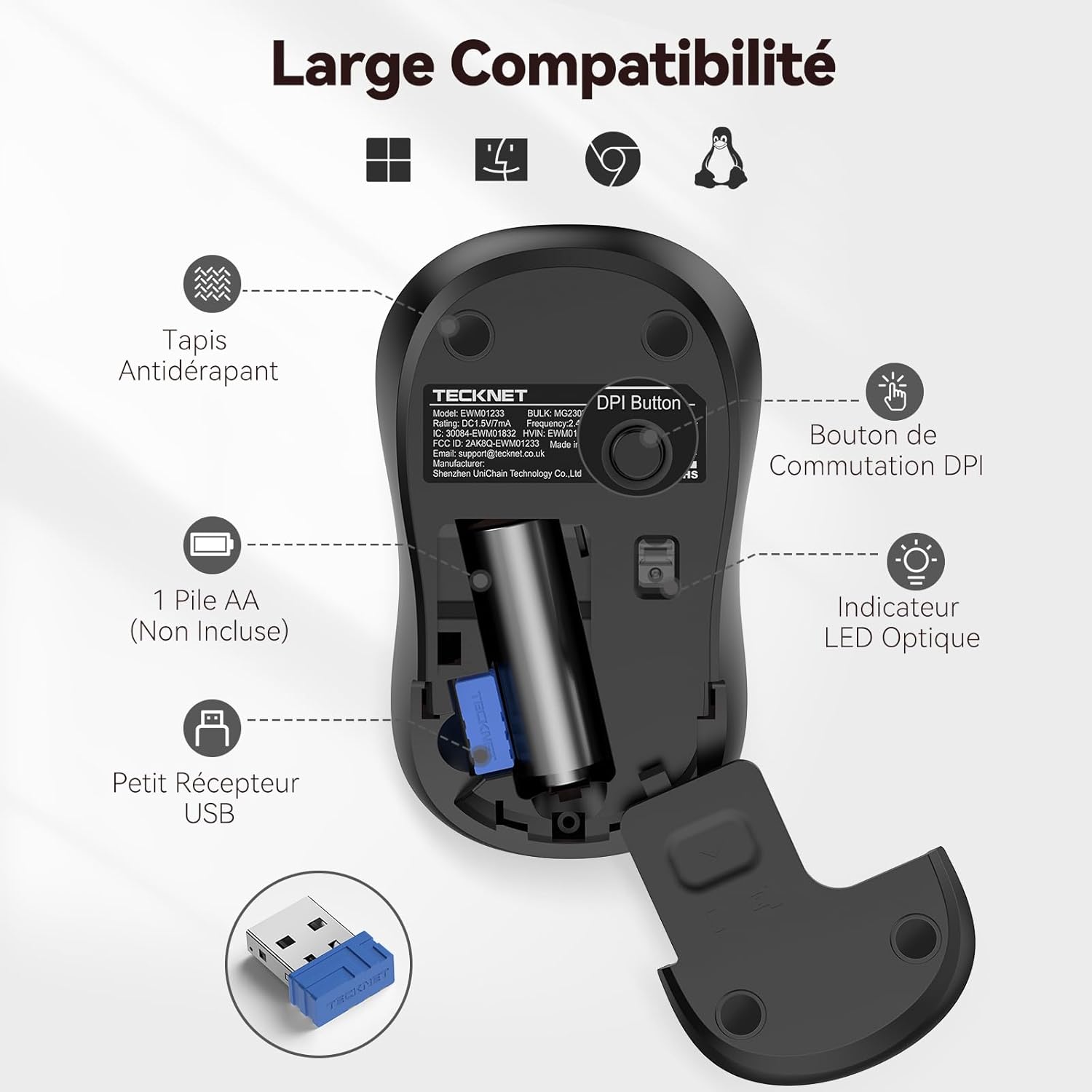 TECKNET Wireless Mouse for Laptop, 2.4G Silent Mouse Quiet Click, Small Portable Computer Mouse, 5 DPI Levels, Cordless Mice for PC, Chromebook, Mac