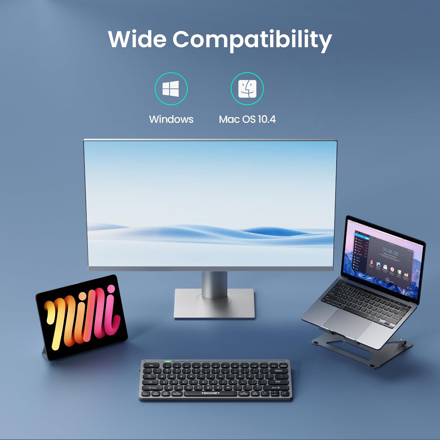 TECKNET Wireless Bluetooth Keyboard, Slim Rechargeable Keyboard (2.4G+BT 5.0)