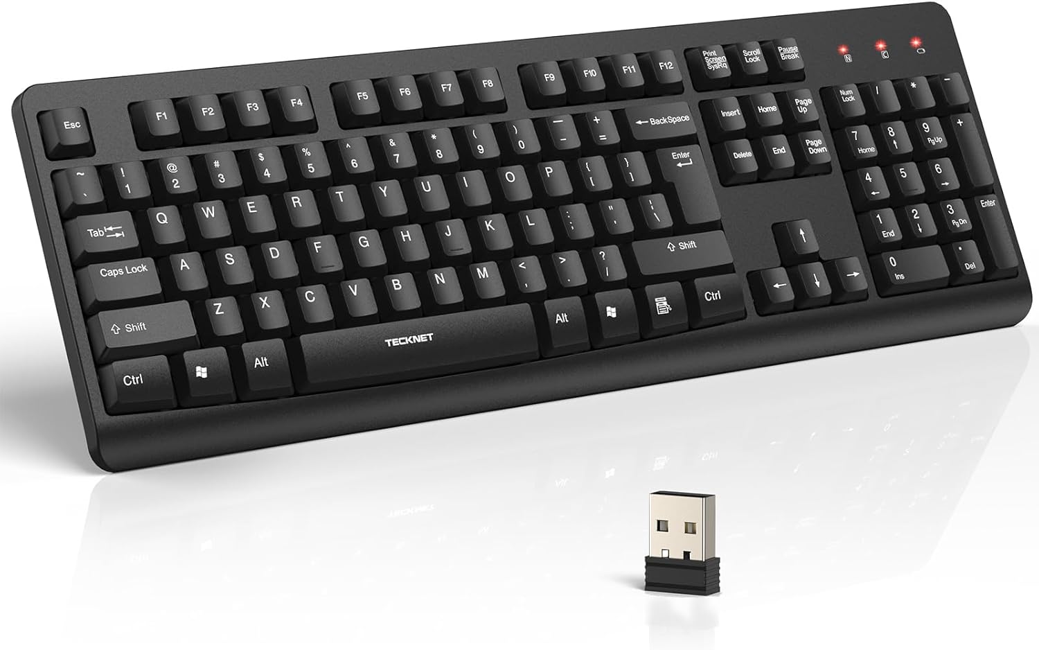TECKNET Wireless Keyboard, 2.4G Silent Full-Size USB Keyboard with Number Pad, Ergonomic Keys & Adjustable Feet, Compatible with Laptop, PC, Desktop, Notebook, Windows 11/10/8/7 –Black