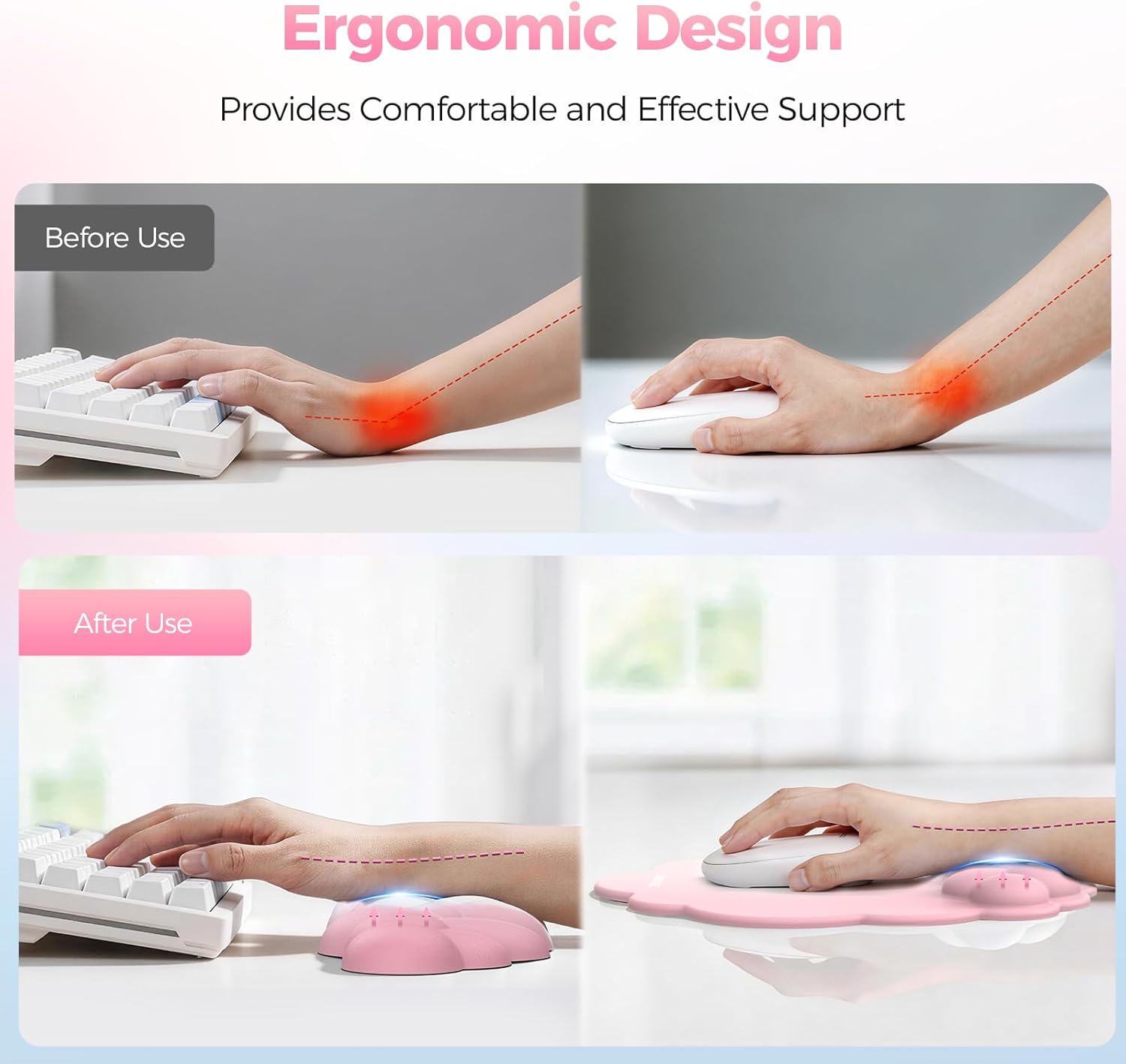 TECKNET Cloud Ergonomic Mouse Pad with Wrist Rest, Memory Foam Support & Non-Slip Base for Pain Relief, Office & Gaming, Pink
