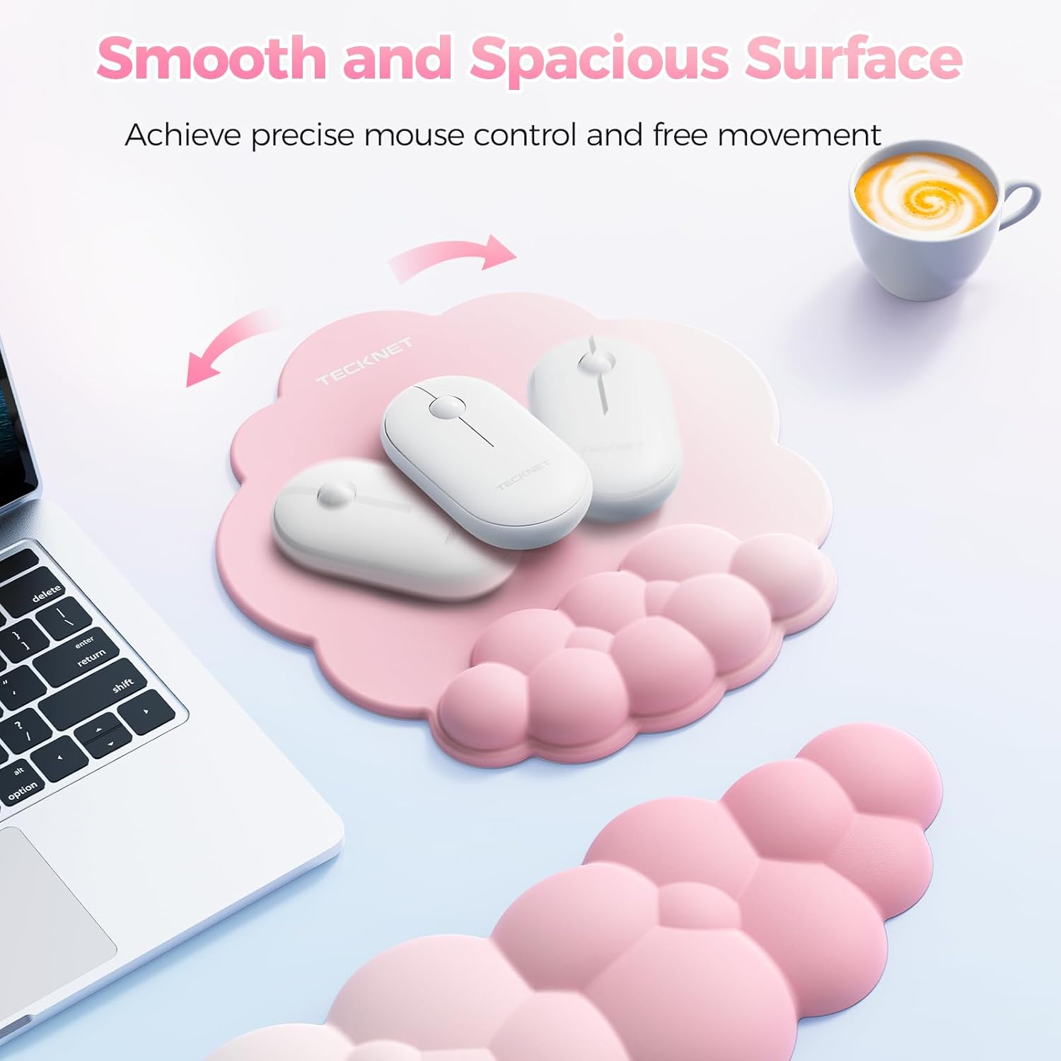 TECKNET Cloud Ergonomic Mouse Pad with Wrist Rest, Memory Foam Support & Non-Slip Base for Pain Relief, Office & Gaming, Pink