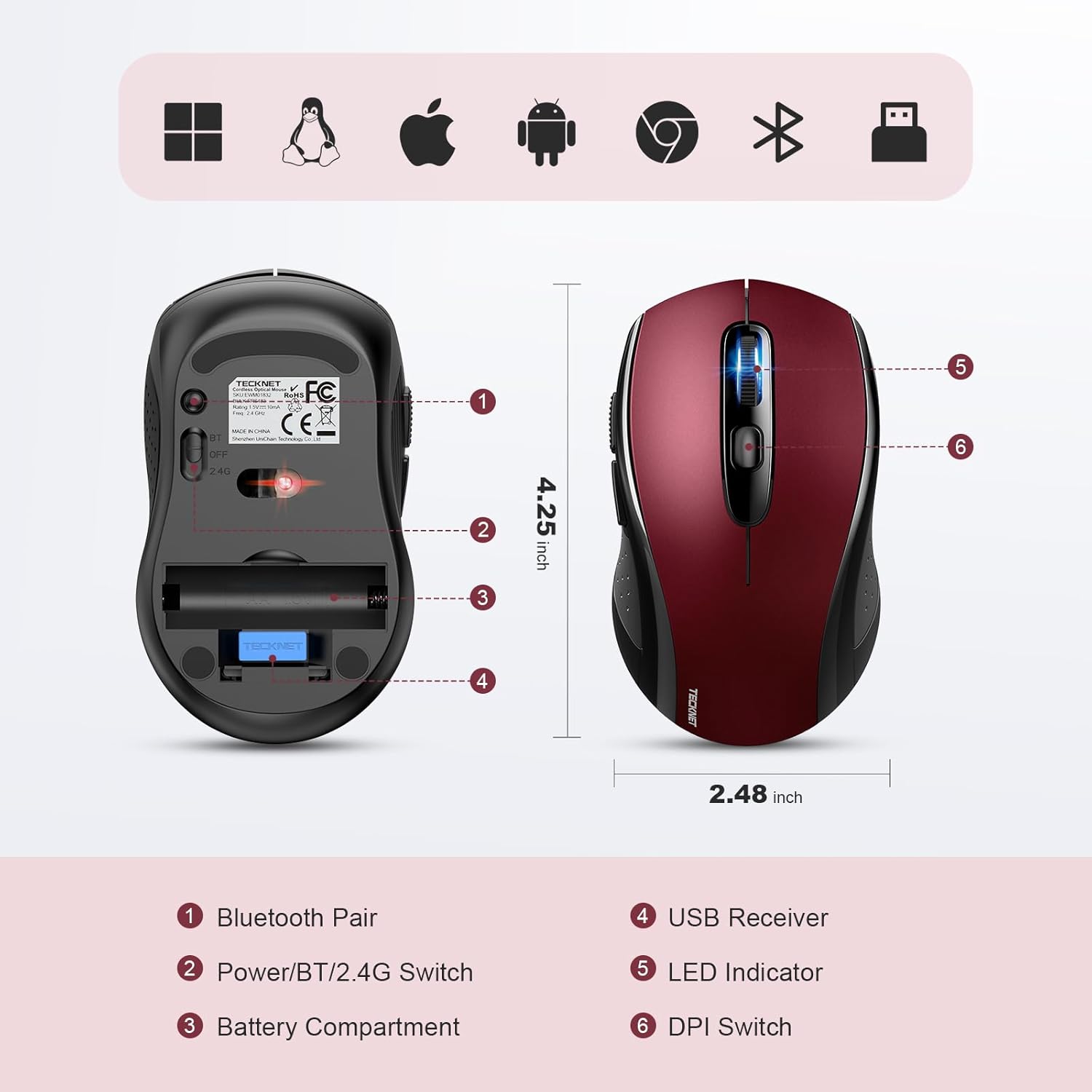 TECKNET Bluetooth Mouse, 4000DPI Wireless Mice for Laptop 2-in-1(BT 5.0/3.0+2.4Ghz) Computer Portable PC Mouse Wireless with USB Receiver for Mac (USB-A+Bluetooth, Black Red)