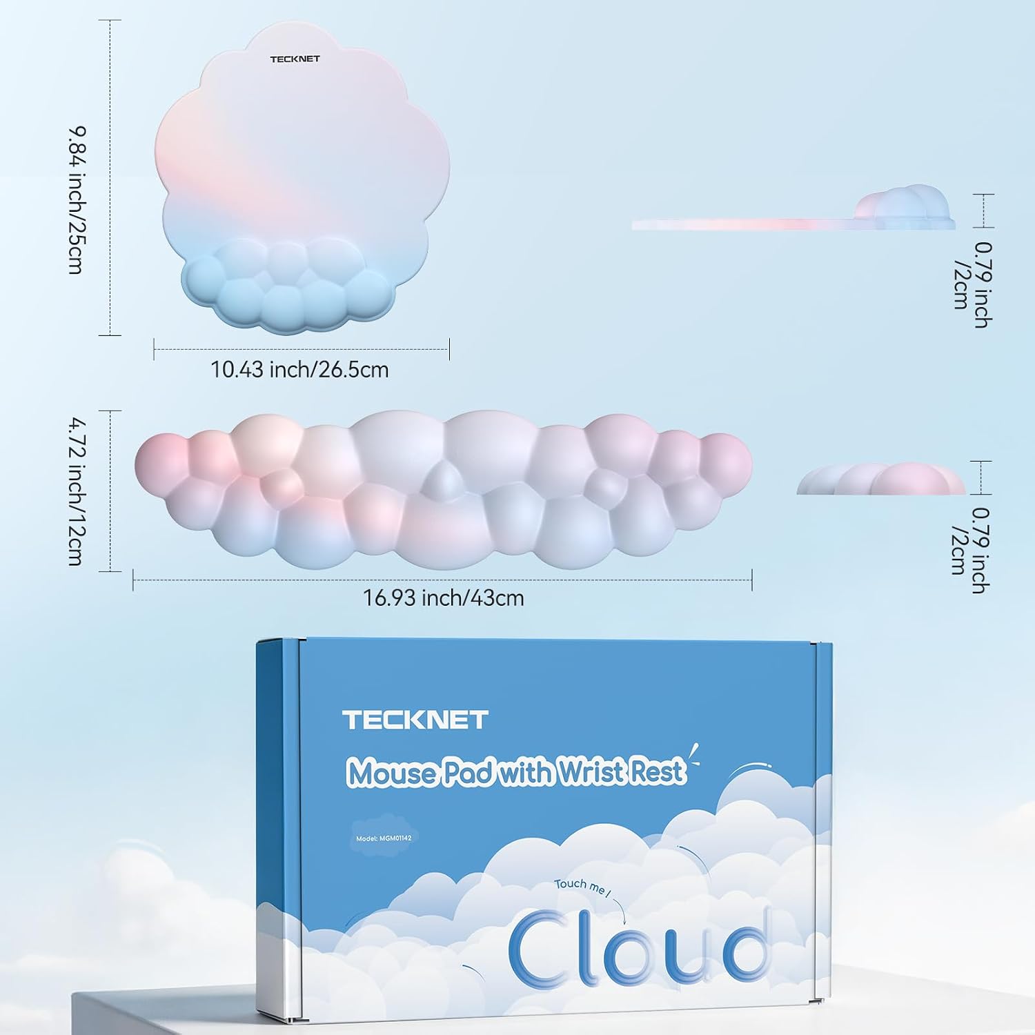 TECKNET BASICS Cloud Ergonomic Mouse Pad with Wrist Rest, Memory Foam Support & Non-Slip Base for Pain Relief, Office & Gaming, Rainbow