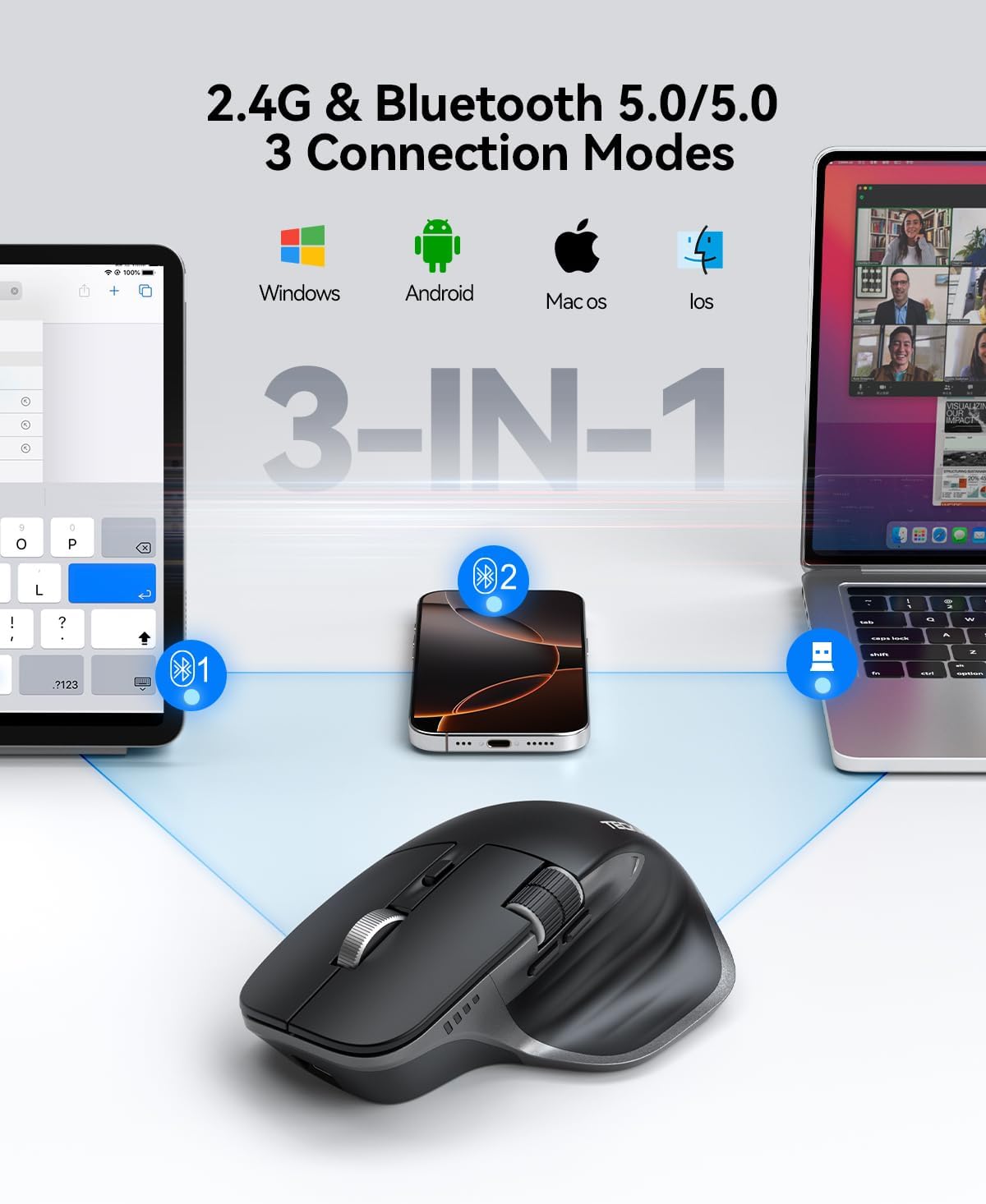 TECKNET Wireless Mouse, Bluetooth Mouse (BT5.0/5.0 & 2.4G) Rechargeable 4800 DPI Ergonomic Optical Mouse with 6 Adjustable