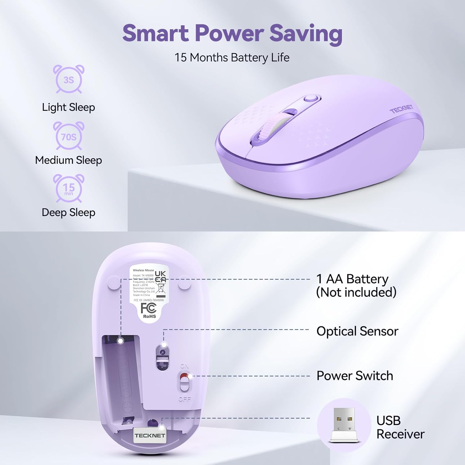 TECKNET Wireless Mouse, 2.4G Quiet Computer Mouse with USB Receiver, 4 Buttons Portable Cordless Mice for Chromebook, Laptop, PC, Mac, 800/1200/1600 DPI