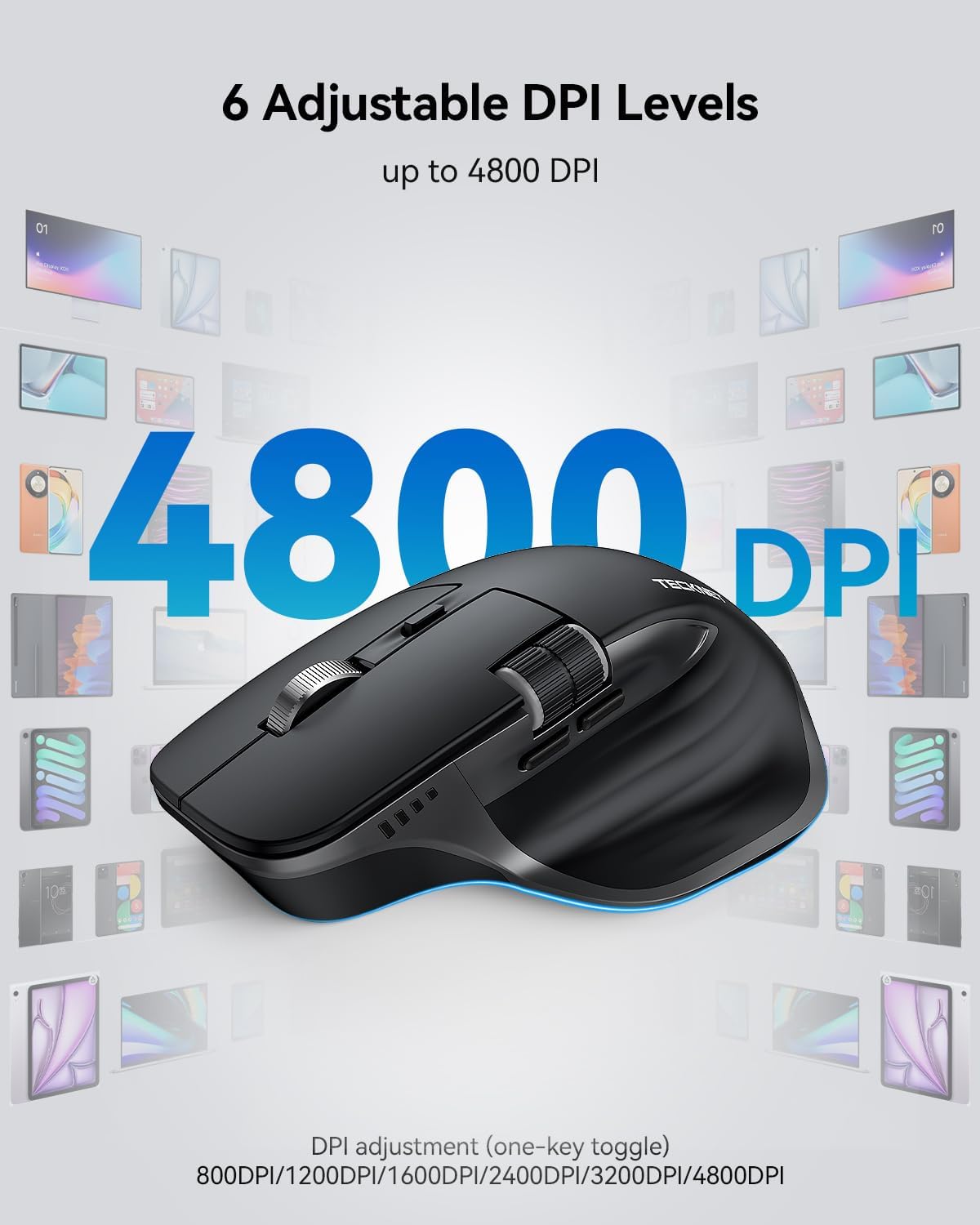 TECKNET Wireless Mouse, Bluetooth Mouse (BT5.0/5.0 & 2.4G) Rechargeable 4800 DPI Ergonomic Optical Mouse with 6 Adjustable